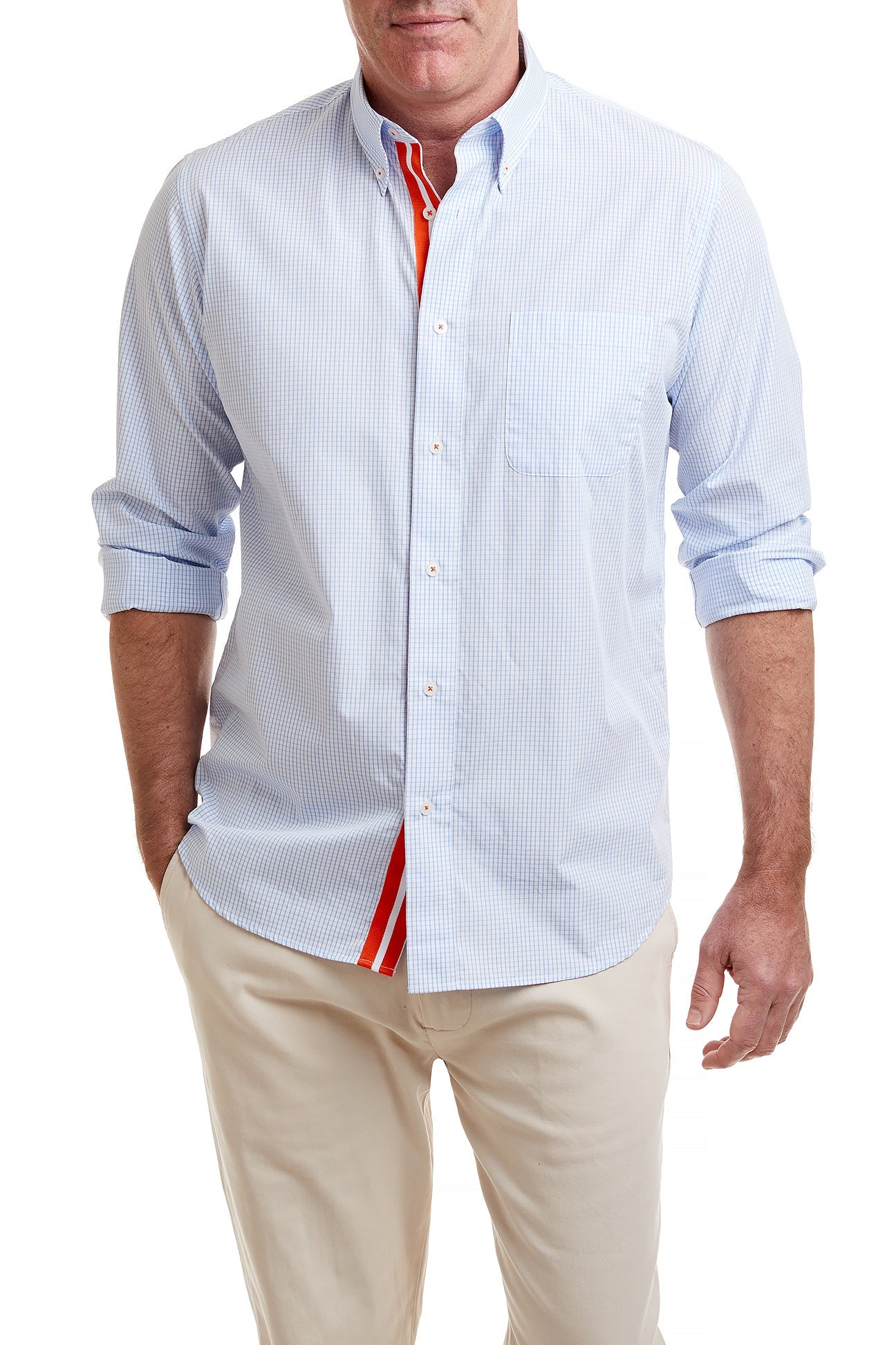 Men's Chase Shirt Blue Graph with Orange Grosgrain Trim - Stylish Casual Button Down for Work, Office & Everyday Wear