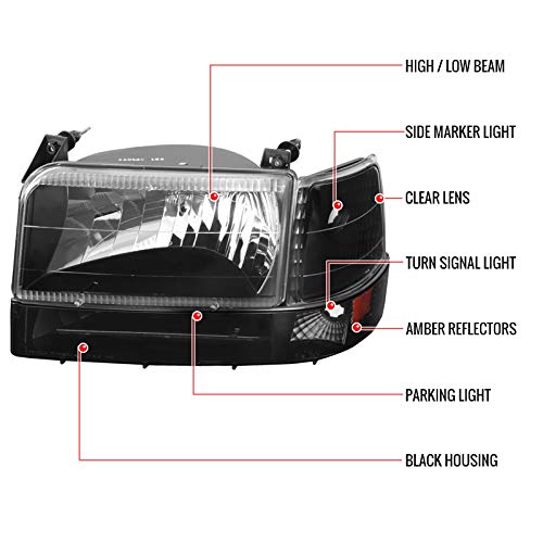 92-96 Ford F150 F250 F350 Bronco Replacement Headlights, Bumper Lights & Corner Lights Set - Black Housing - Left & Right Pair - Perfect for Off-Roading & Night Driving