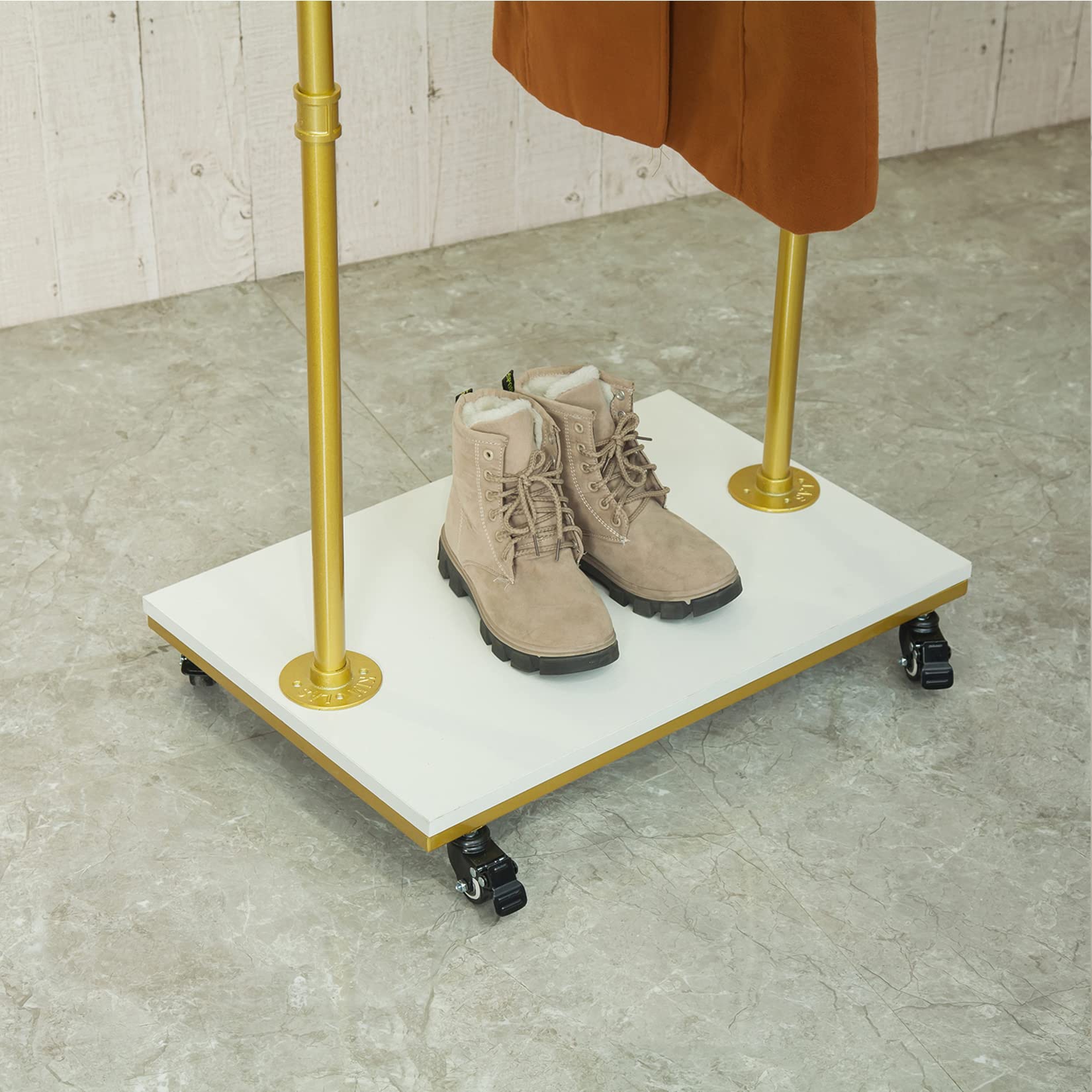 Industrial Pipe Rolling Garment Rack with Wheels - Heavy Duty Clothing Storage Display Stand, Adjustable Floor Standing Hanging Rod for Clothes, Hangers & Shelves (Gold) - Perfect for Retail Stores, Boutiques & Home Closet Organization
