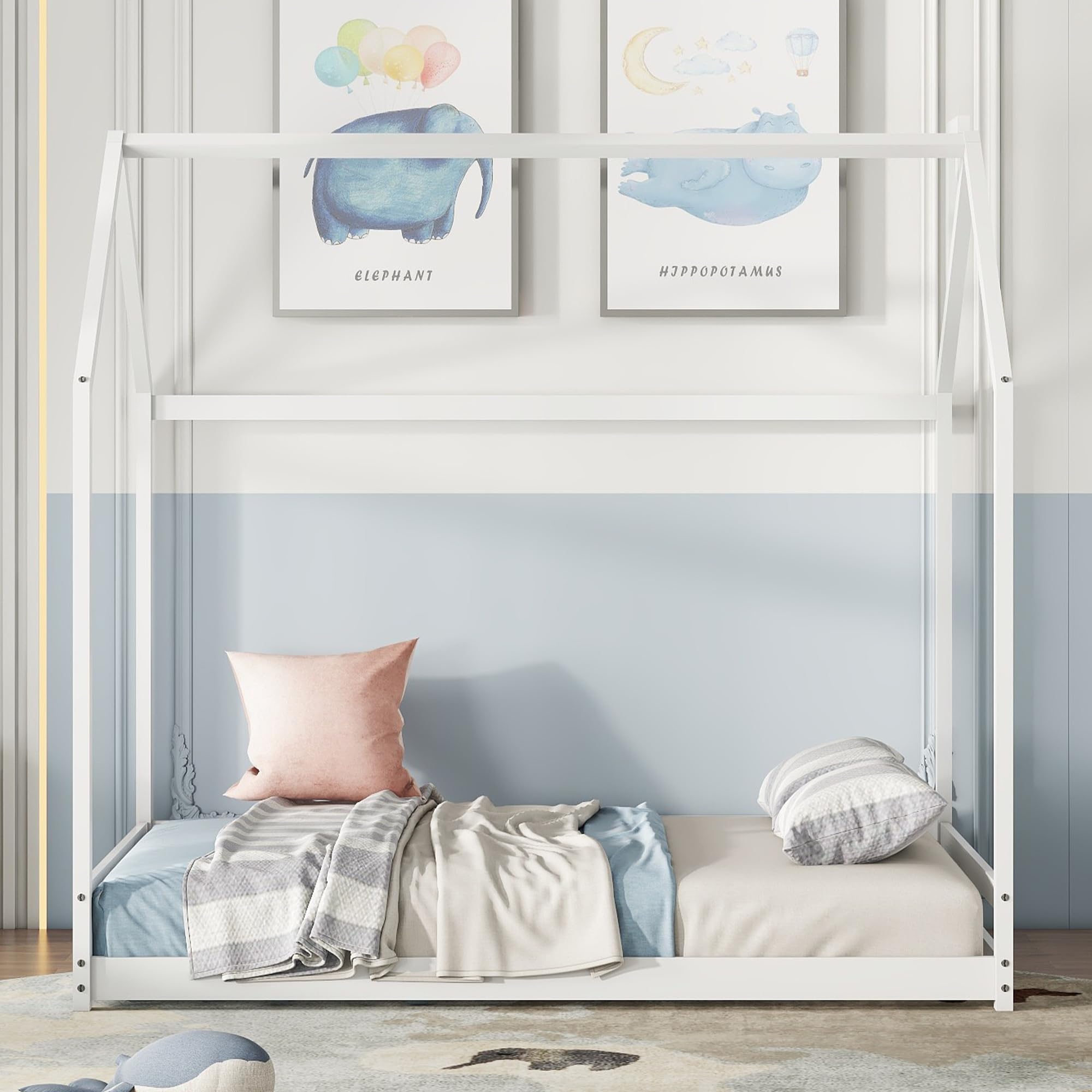 Bellemave Montessori Floor Bed for Toddlers - Wooden House Bed Frame for Kids, Low Bed for Boys & Girls - Safe & Sturdy Bedroom Furniture (White) - Perfect for Montessori Rooms, Playrooms & Small Spaces