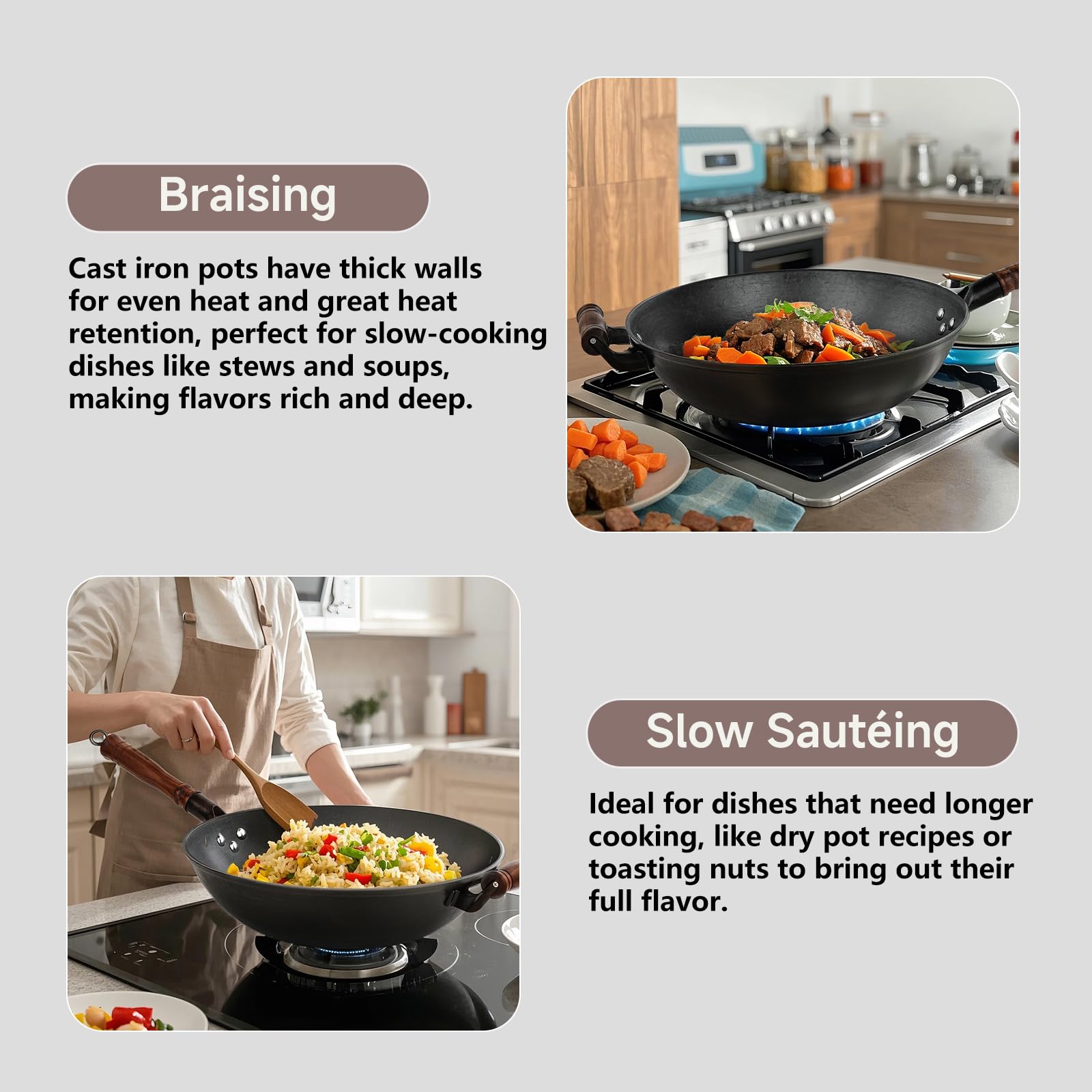 WANGYUANJI 14.2 Inch Cast Iron Wok Pan - Large Flat Bottom Stir Fry Pan with Lid & Wooden Handle - Uncoated Healthy Cooking Pot for Gas, Electric & Induction Stoves - Perfect for Asian Stir-Fry, Deep Frying & Family Meals