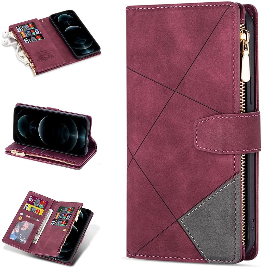 Premium Leather Wallet Case for Samsung Galaxy S22 Plus - 9 Card Slots & Zipper Pocket with Handbag Wristlet Flip Cover (Red) | Perfect for Daily Use, Travel & Business Meetings
