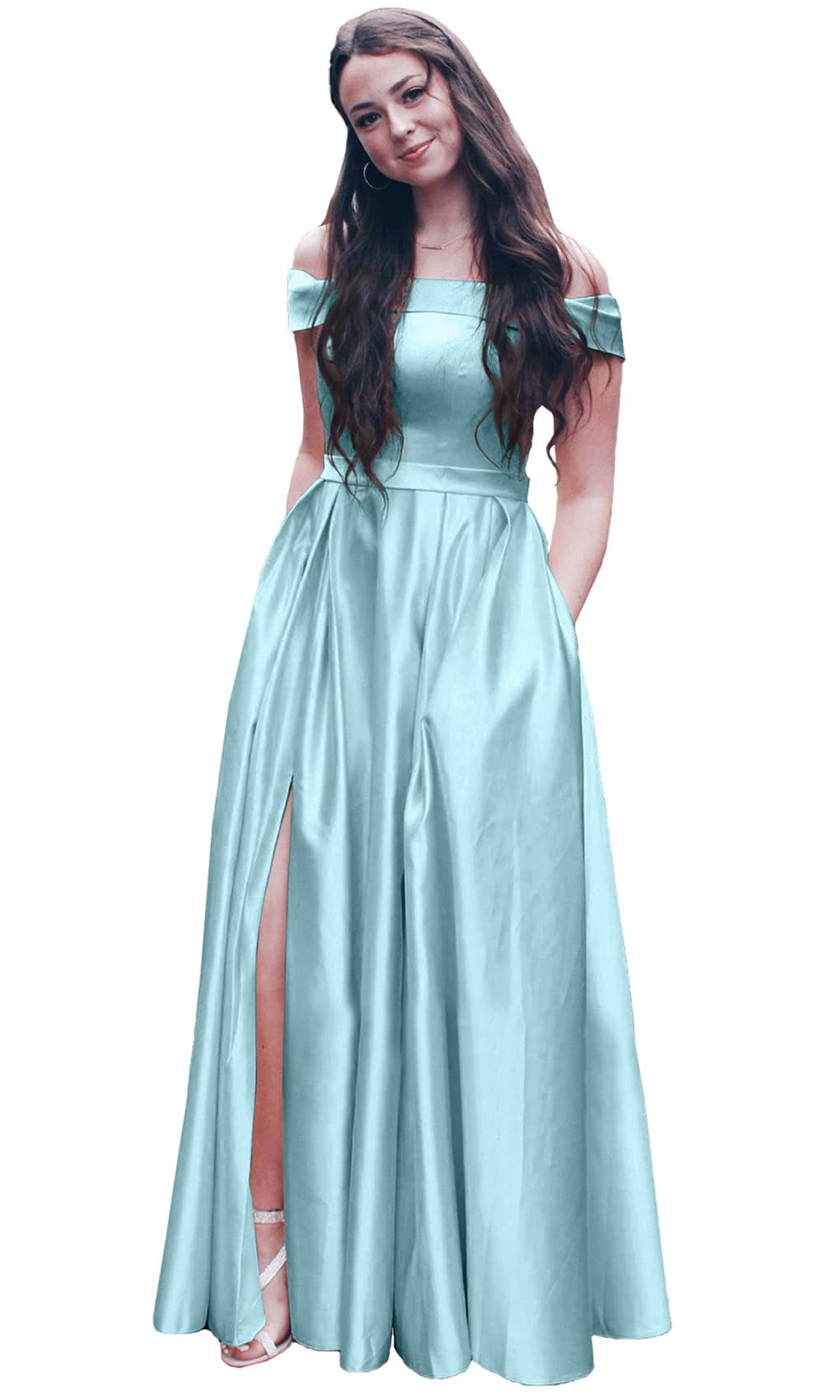 ANGELWARDROBE Women's Prom Dresses 2024 | Long Off Shoulder Formal Evening Gowns | Satin A-Line Party Dress with Slit Pockets | Perfect for Homecoming, Prom Night & Black Tie Events