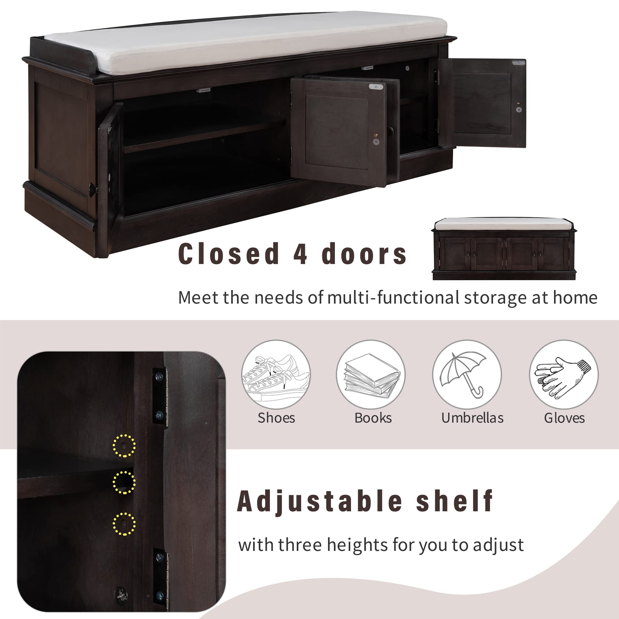Multi-Functional 4-Door Storage Bench with Adjustable Shelves & Removable Cushion - Shoe Organizer Bench for Entryway, Living Room, Hallway - Perfect for Small Space Organization (Espresso Finish) - Ideal for Home Entry Storage & Shoe Display