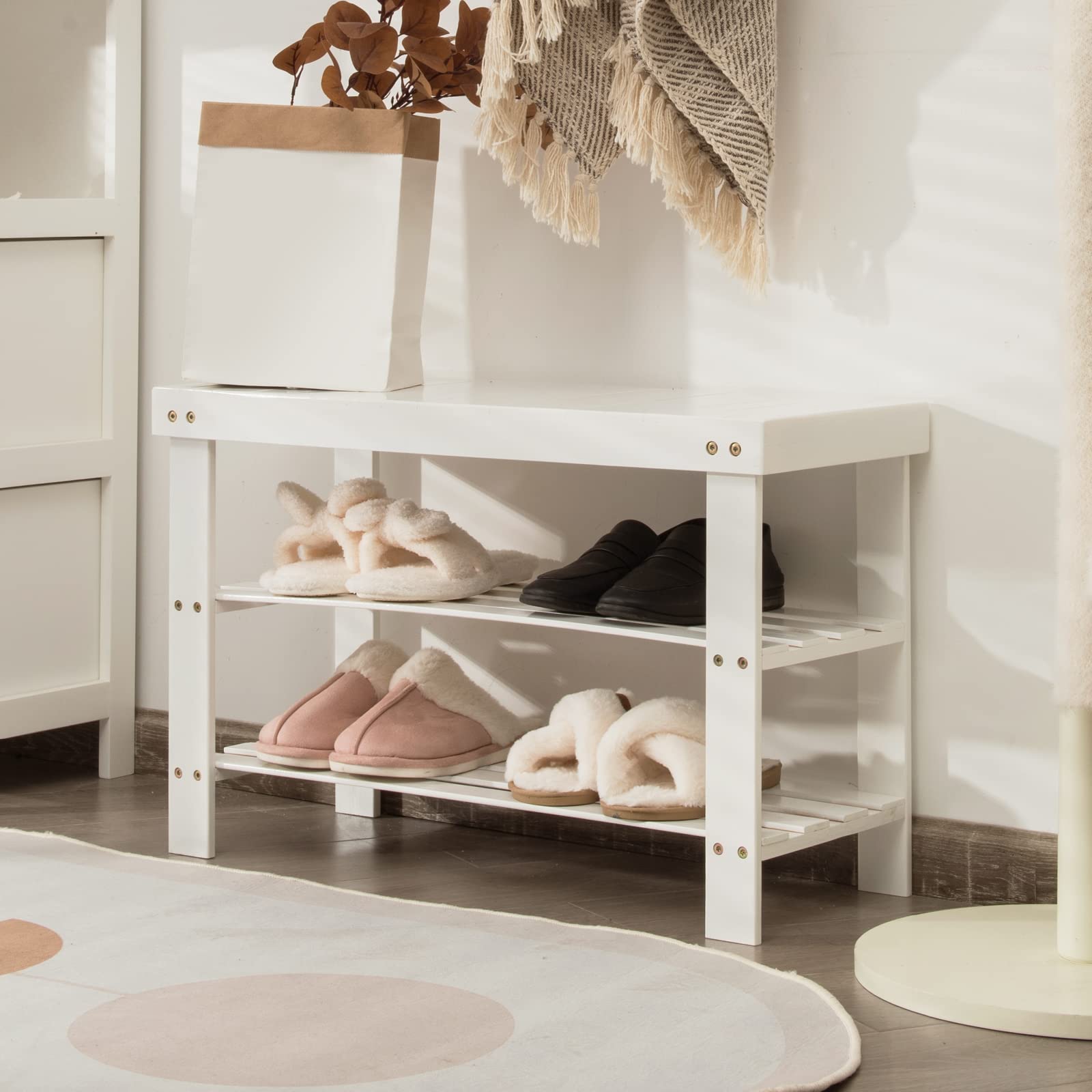 Giantex 3-Tier Bamboo Shoe Bench & Storage Rack - Holds 6 Pairs of Shoes - Entryway Organizer for Heels, Slippers - Perfect for Living Room, Bathroom, Hallway (White) - Space-Saving Shoe Shelf for Small Apartments & Closet Organization