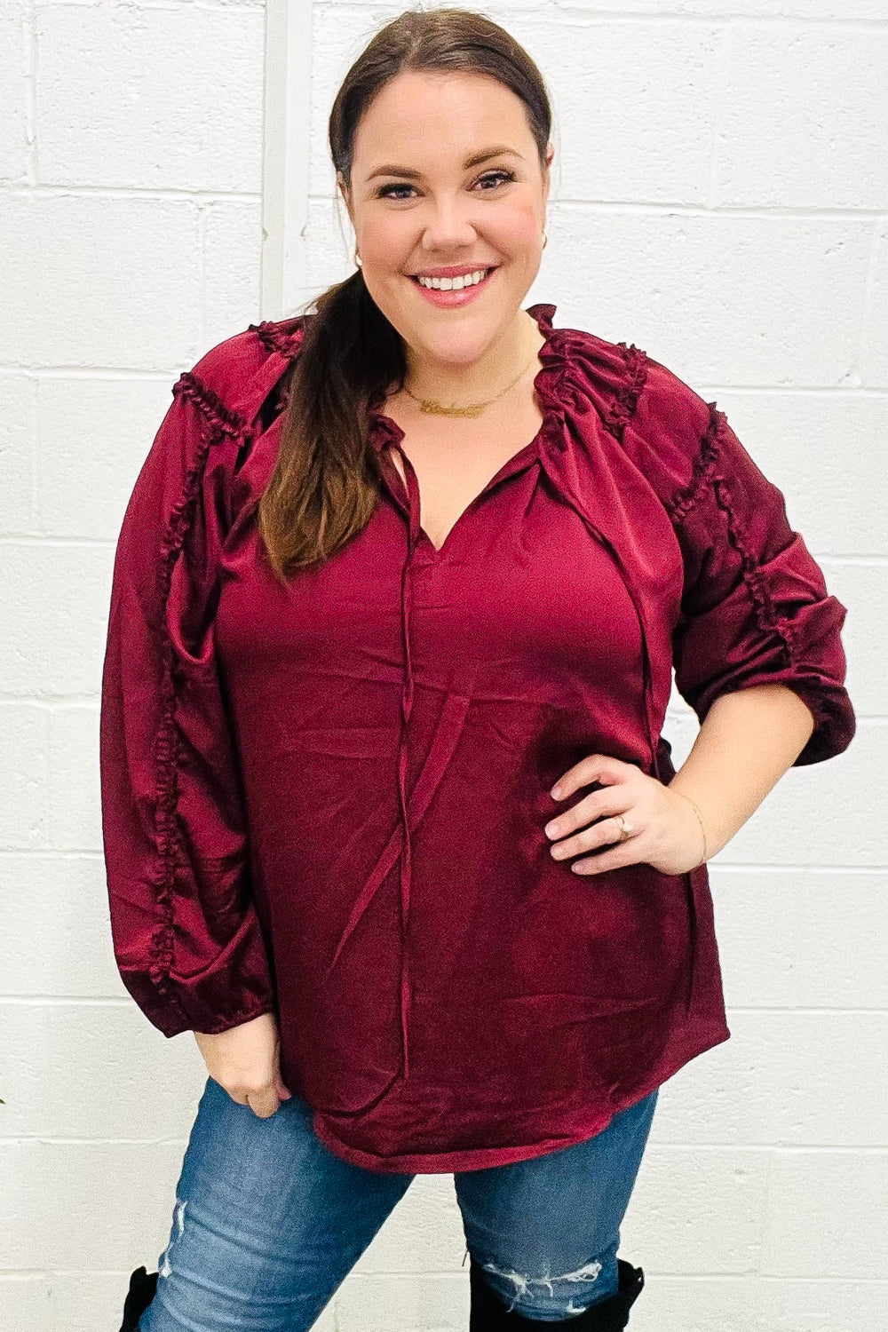Elegant Burgundy Satin Blouse with Frill Detail & Tie Neck - Perfect for Holiday Parties & Special Occasions
