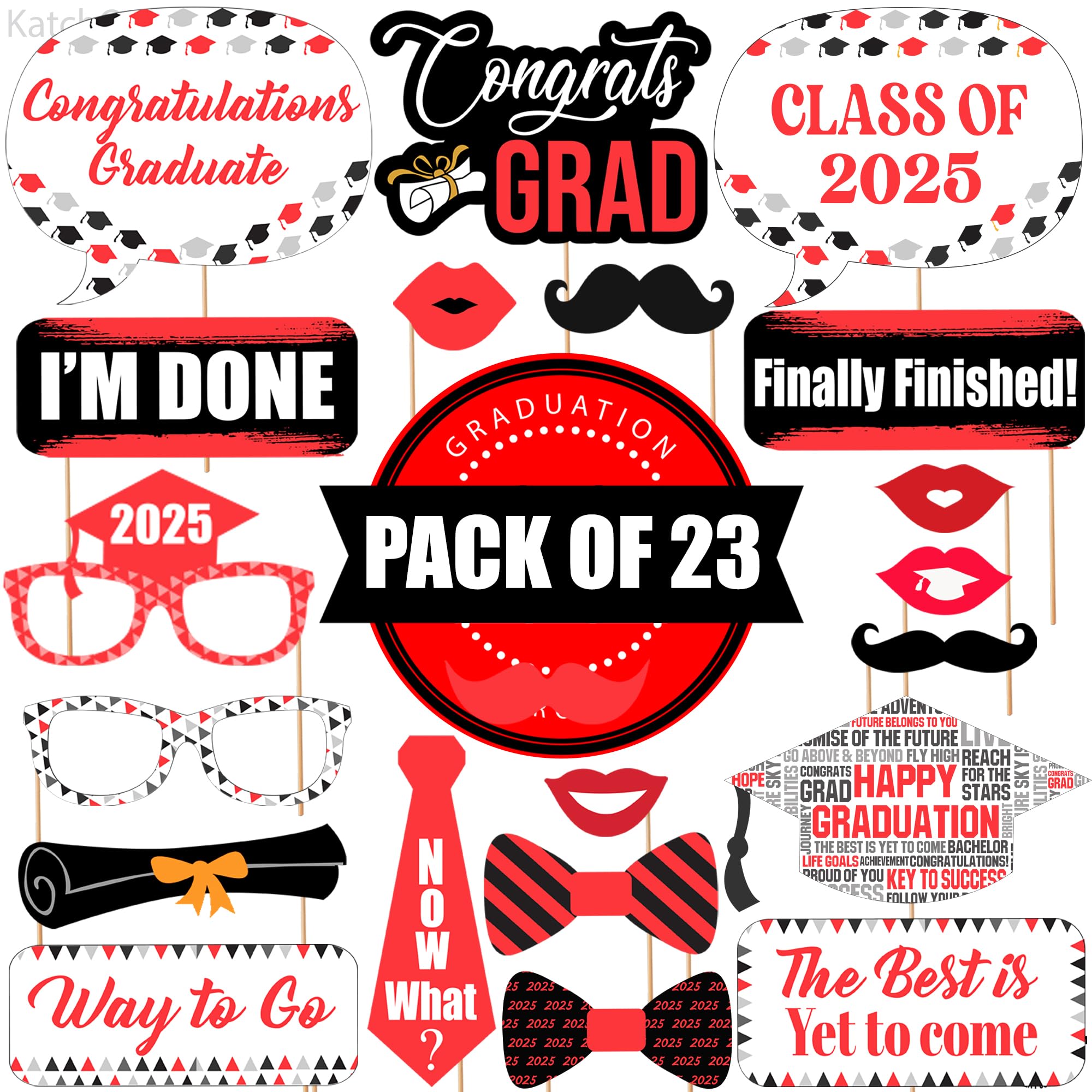 KatchOn Red Graduation Photo Booth Props 2025 - 23-Piece Set | Red & Black Graduation Decor for Class of 2025 | Perfect for Graduation Parties, Photo Booths & School Events