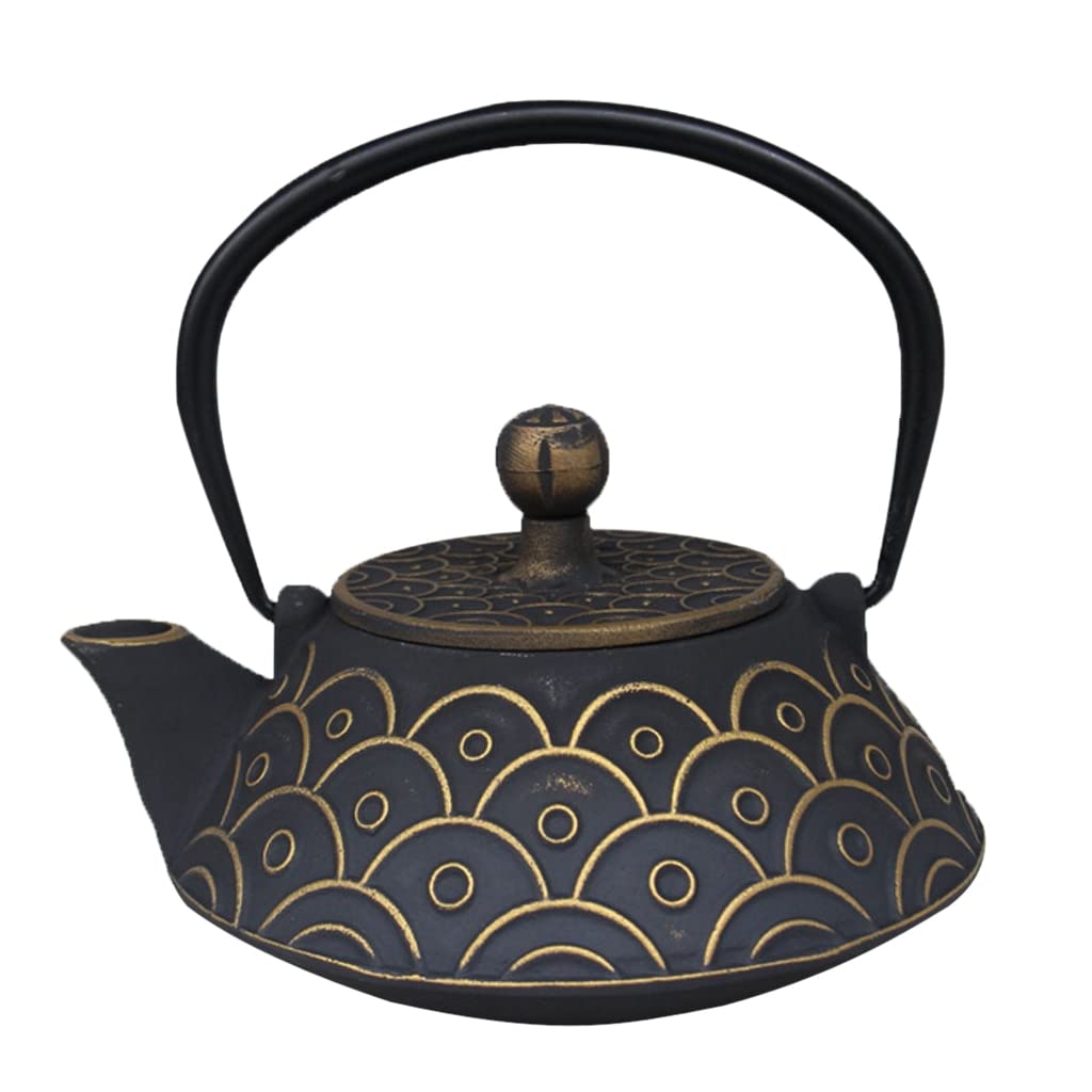 Premium Japanese Black Cast Iron Teapot - Traditional Gold Fish Pattern with Strainer & Trivet - Authentic Tetsubin for Green Tea, Herbal Tea & Matcha - Perfect for Home, Office & Tea Ceremonies