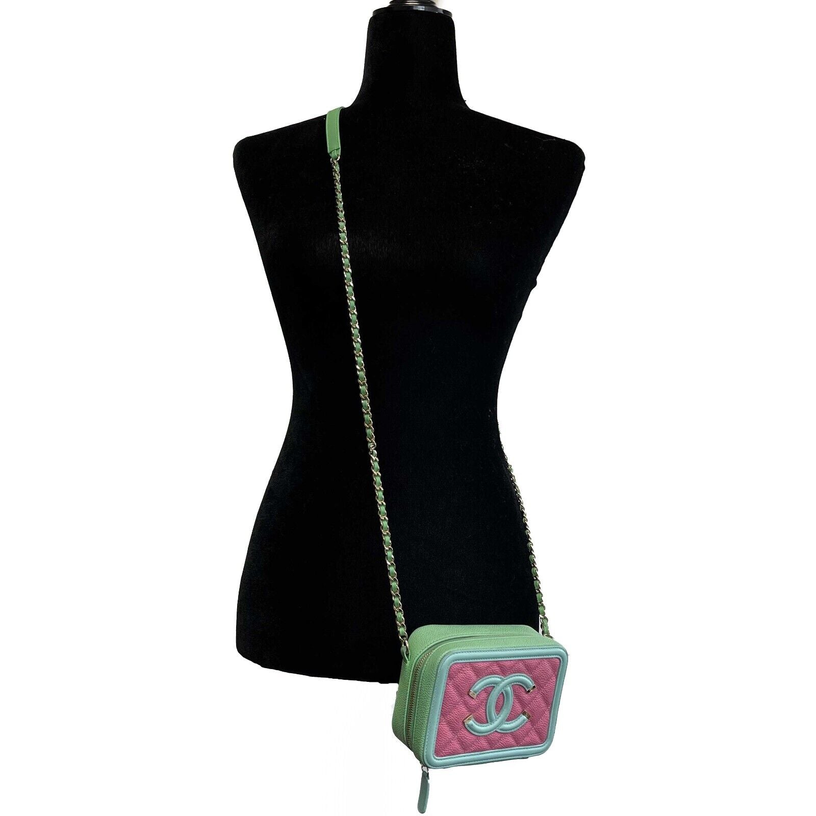 Chanel Mini CC Vanity Clutch Quilted Caviar Leather Crossbody Bag - Green & Pink Luxury Handbag for Women | Perfect for Evening Parties, Date Nights & Special Occasions