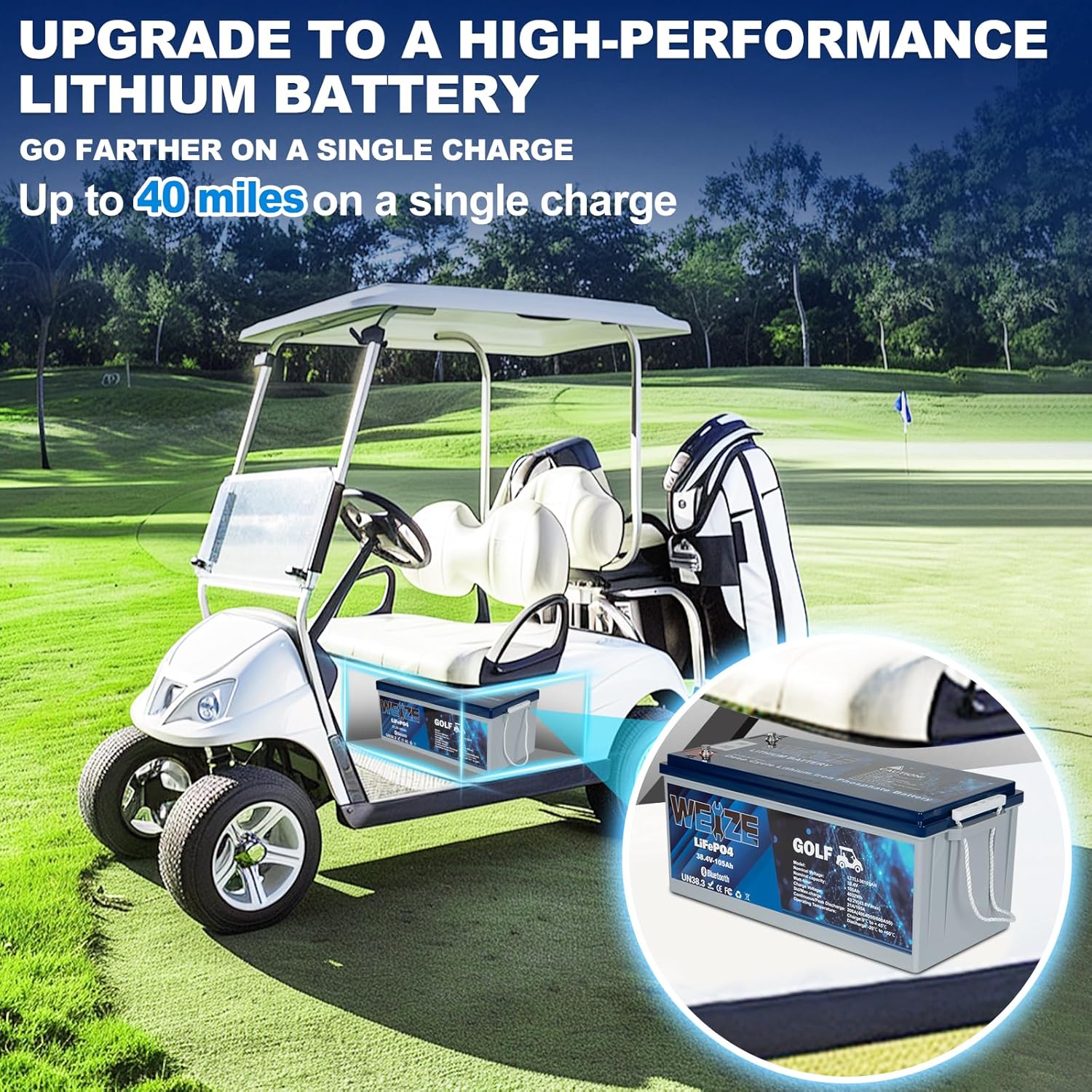 WEIZE 36V 105AH Bluetooth LiFePO4 Lithium Battery with Built-in 200A BMS | Low Temperature Protection & 400A/35S Peak Discharge | Deep Cycle Battery for Golf Carts, Trolling Motors, Solar Systems, RVs & Off-Grid Applications | Perfect for Marine, Camping & Emergency Power Backup