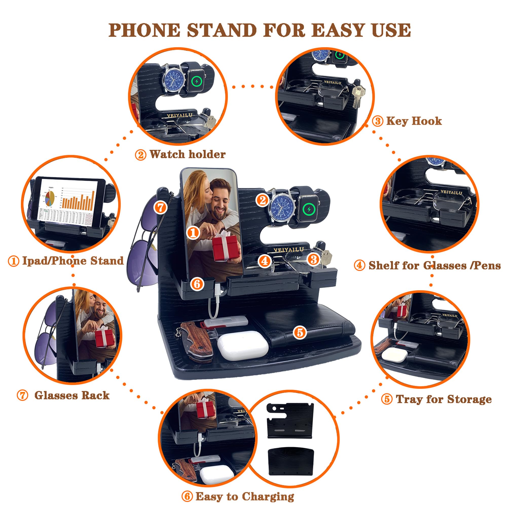 Wooden Nightstand Organizer & Phone Dock Station - Perfect Gift for Men, Dad, Husband, Boyfriend - Birthday, Anniversary, Father's Day Present - Ideal for Bedside, Office, or Travel (Black)