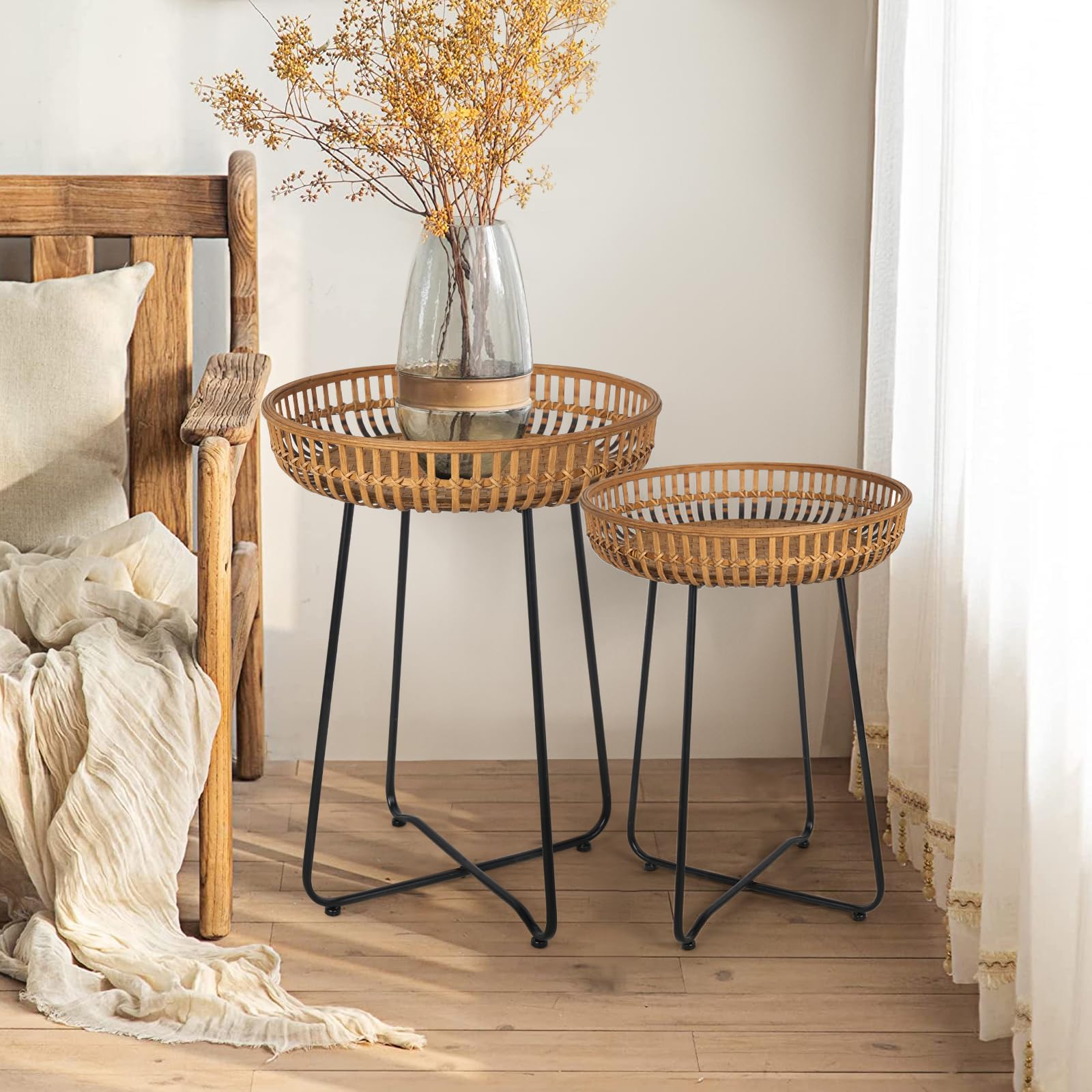 Oakrain Rattan Side Table Set of 2 - Bamboo Coffee Tables with Metal Base, 18.11