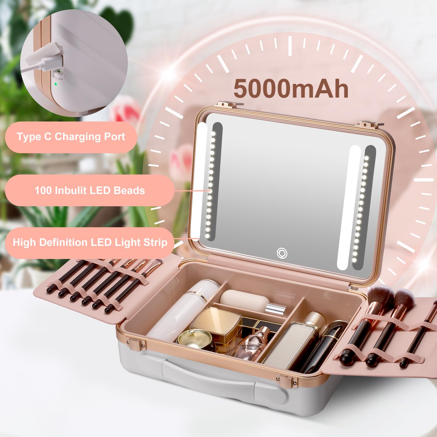 Premium Mocado Travel Makeup Case with LED Lighted Mirror & 8 Brushes - Adjustable Brightness Cosmetic Organizer with 10x Magnifying Mirror & Brush Divider (White) - Perfect for Travel, Home Vanity & Professional Makeup Artists