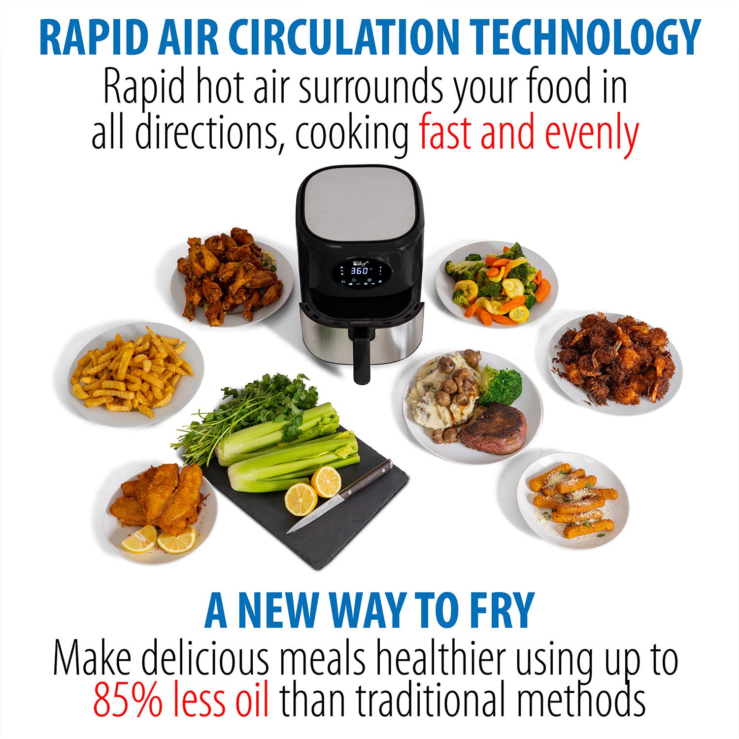 Deco Chef 3.7QT Digital Air Fryer with 6 Preset Functions - LED Touch Screen, Adjustable Temp & Timer, Dishwasher Safe Nonstick Basket - ETL Certified Black Air Fryer for Healthy Cooking, Family Meals & Quick Snacks