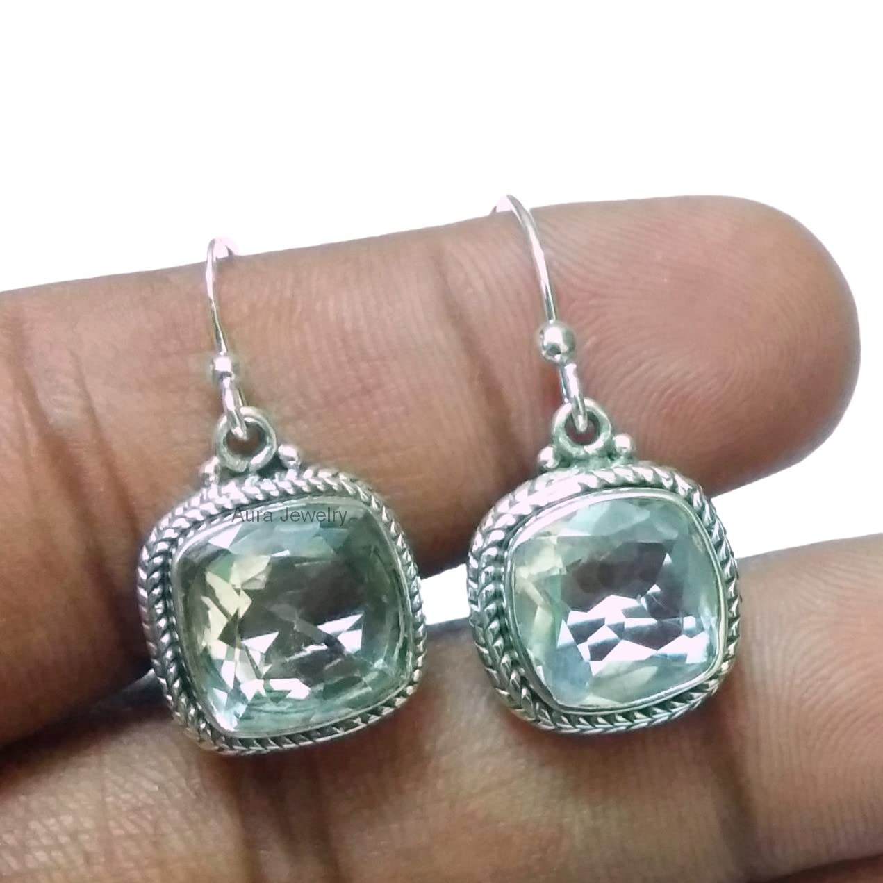 925 Sterling Silver Dangle Earrings for Women - Green Amethyst Bezel Set Cushion Gemstone Hypoallergenic Bohemian Jewelry | Christmas Gift, Birthday Present, Party Wear, Everyday Elegance