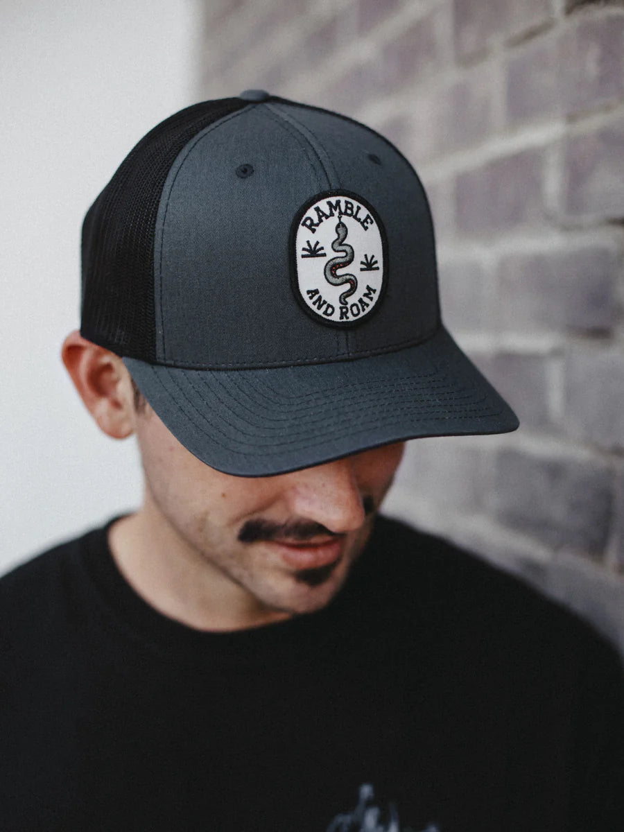 Ramble & Roam Vintage Curved Brim Trucker Hat for Men & Women - Stylish Adjustable Snapback Cap for Outdoor Adventures, Hiking, and Travel