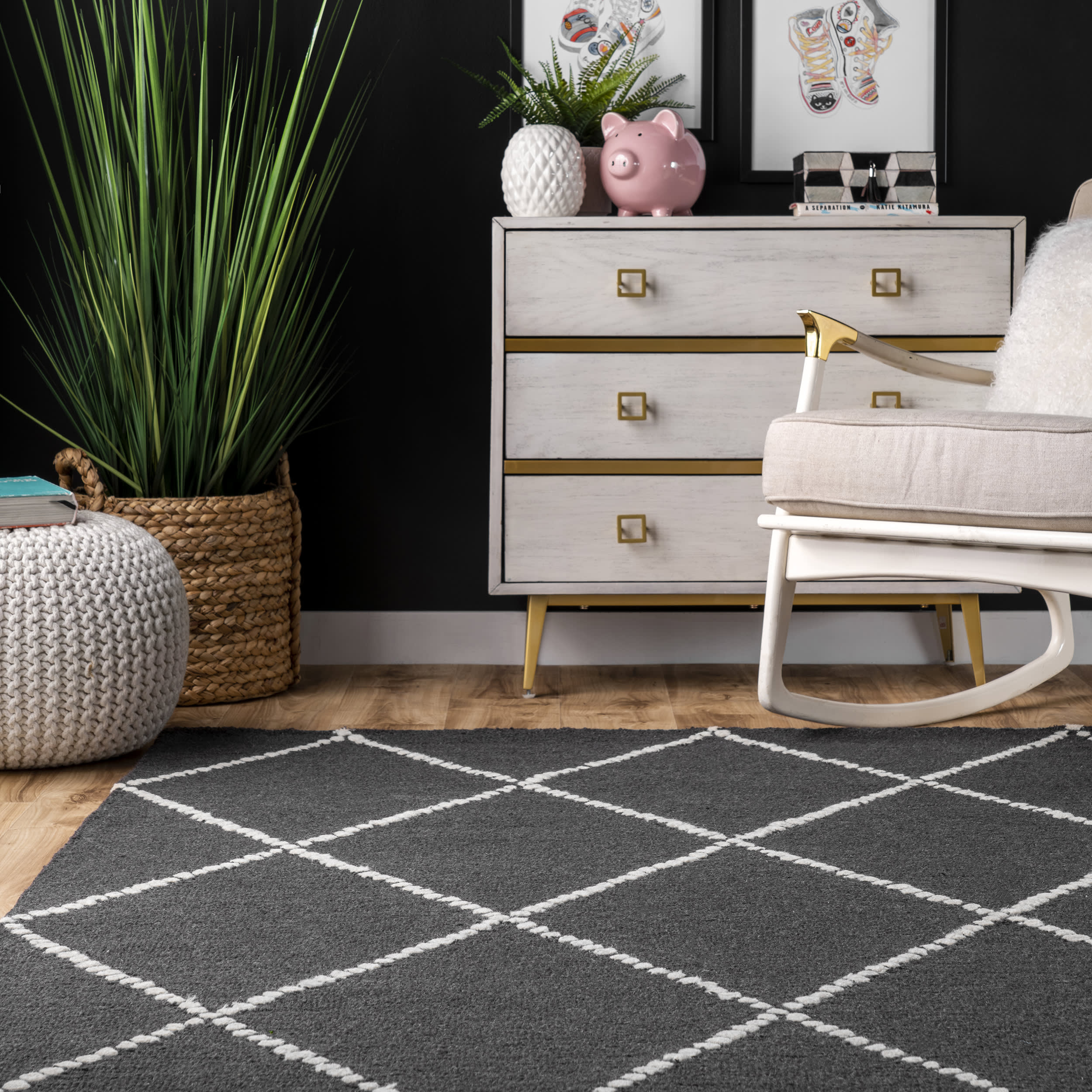 Dotted Diamond Trellis Nursery Rug - Soft Non-Slip Baby Play Mat for Nursery, Playroom & Kids Room - Charcoal Gray
