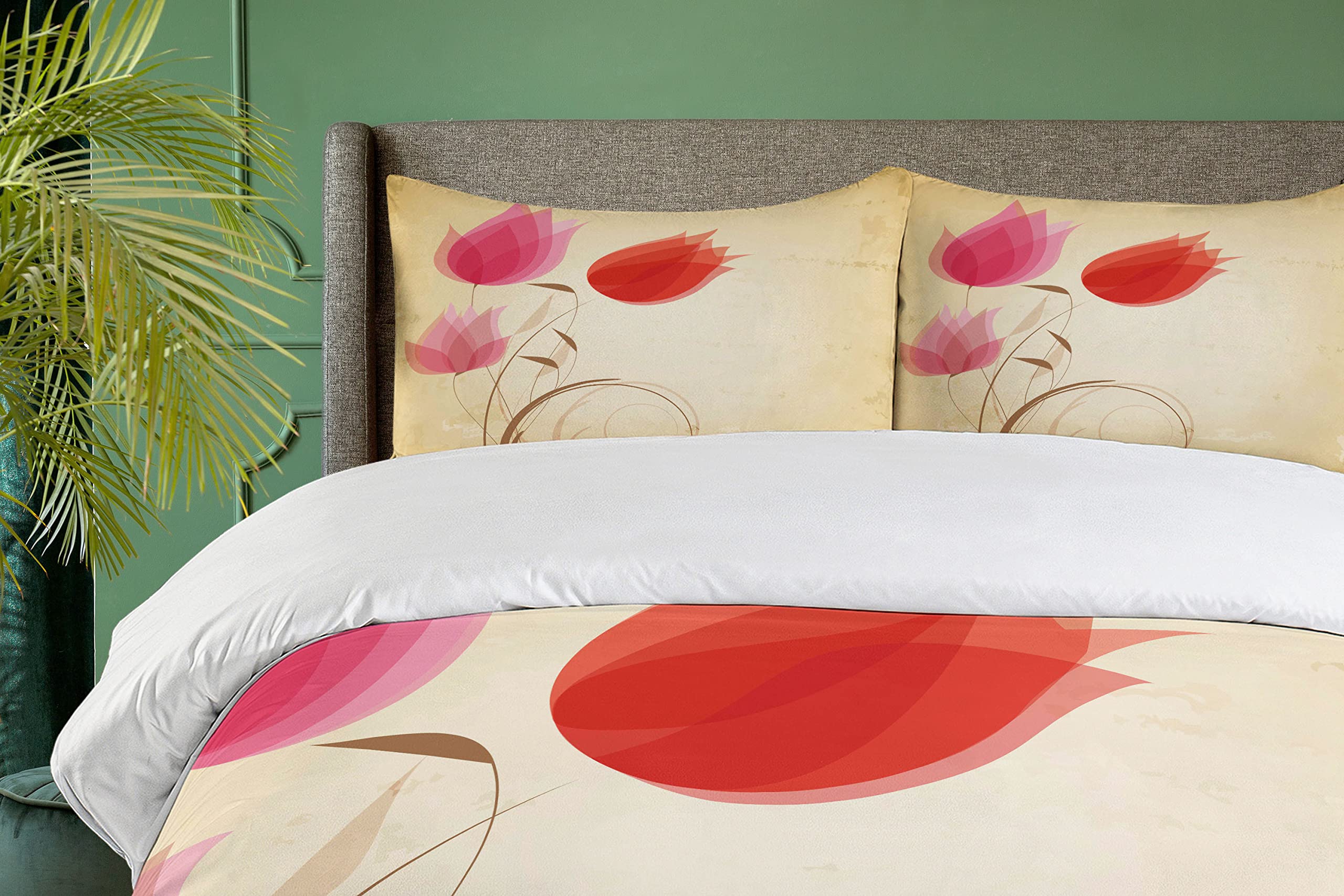 Ambesonne Floral Duvet Cover Set - Queen Size 3-Piece Bedding with 2 Pillow Shams | Tulip Flower Design in Sand Brown, Red & Pink | Nature-Inspired Home Decor for Bedroom, Guest Room & Dorm