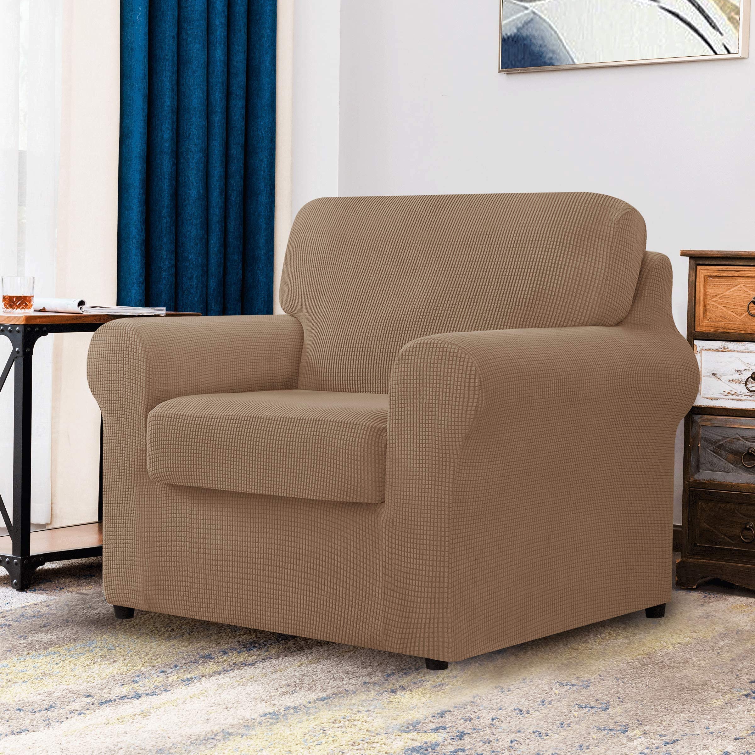 CHUN YI 2-Piece Armchair Sofa Slipcover Set - Stretchable Jacquard Fabric Couch Cover with Detachable Backrest & Seat Cushions (Camel Check Pattern) - Perfect for Living Room Furniture Protection & Home Decor Upgrade