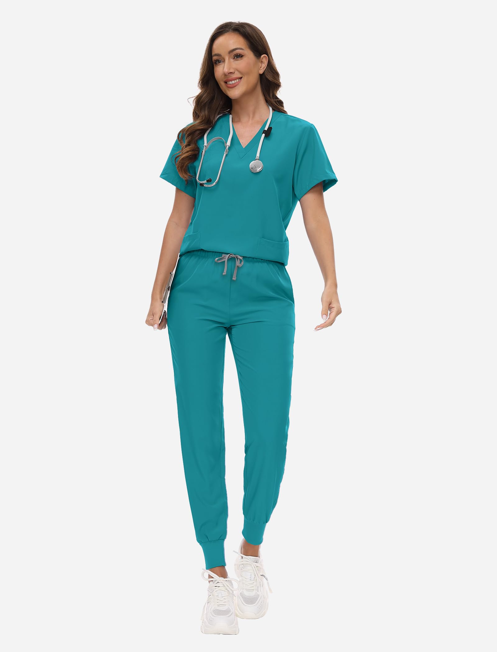VIAOLI Women's Stretch Nursing Scrubs Set - V-Neck Pocket Top & Drawstring Jogger Pants | Comfortable Medical Uniform for Nurses, Doctors & Healthcare Workers | Perfect for Hospitals, Clinics & Long Shifts