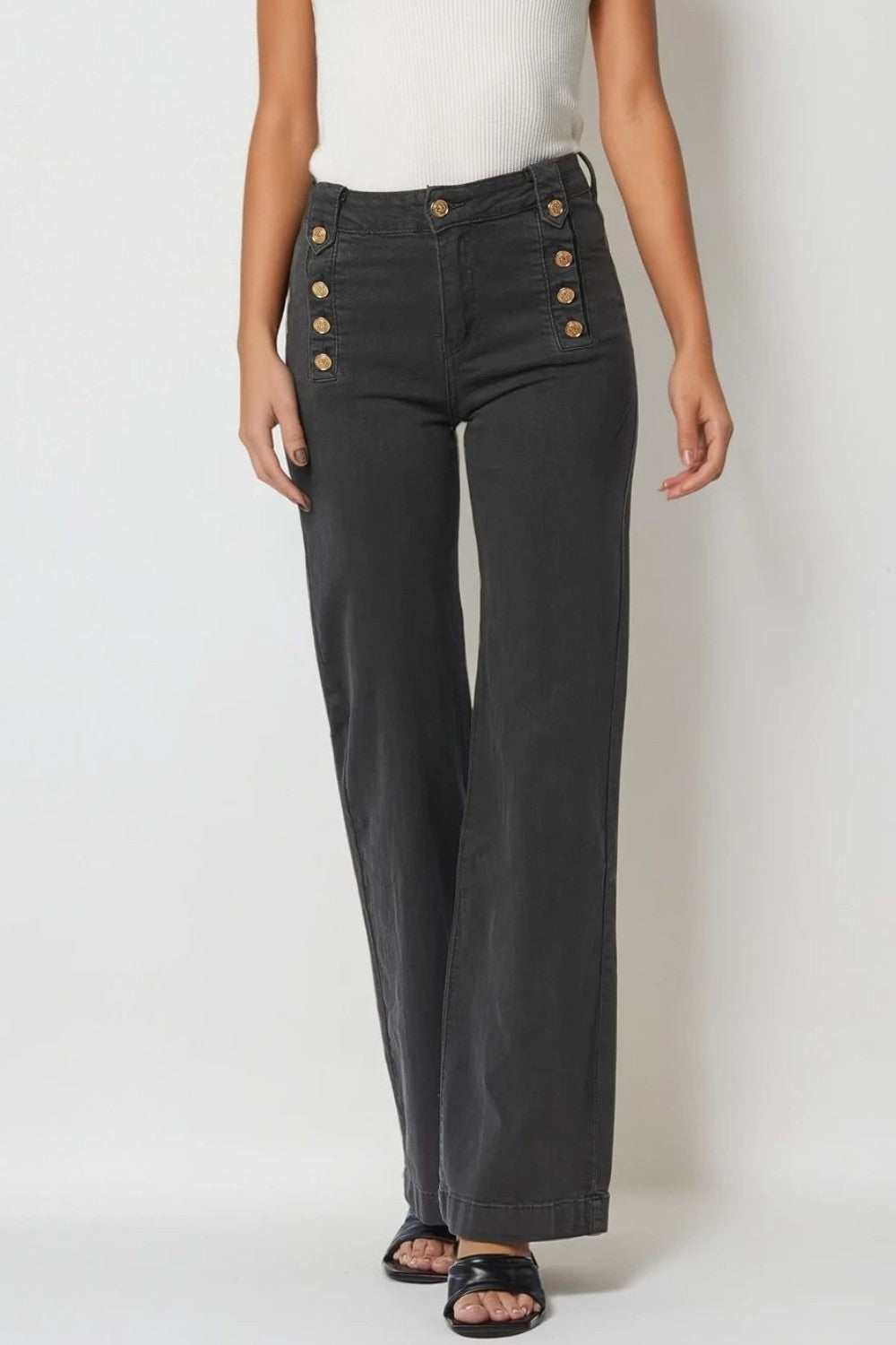 Dark Gray High Waist Button-Fly Jeans for Women - Classic Straight Leg Denim Pants with Gold Side Buttons | Perfect for Casual Outfits, Office Wear & Date Nights