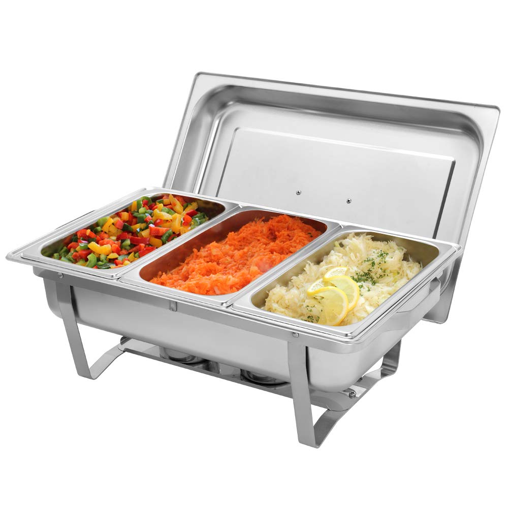 8 Quart Stainless Steel Chafing Dish with 3 Food Pans - 9L Rectangular Buffet Warmer for Catering, Restaurants & Parties - Foldable Frame for Easy Storage - Perfect for Buffets, Weddings & Events