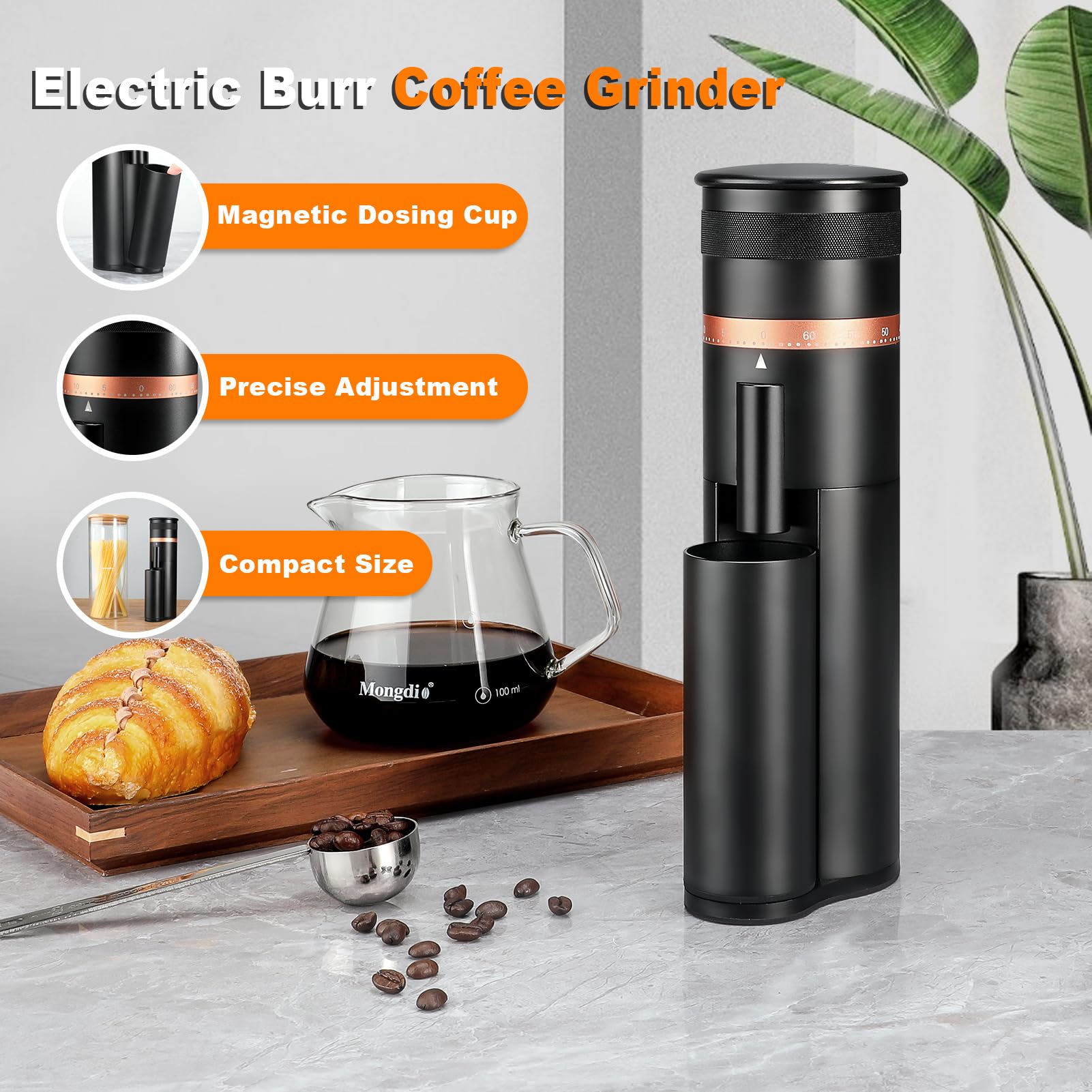 Premium Mongdio Single Dose Electric Coffee Grinder - 60 Adjustable Settings for Espresso & Brewing - Aluminum Bean Grinder with LCD Display (Black) - Perfect for Home Baristas & Coffee Shops