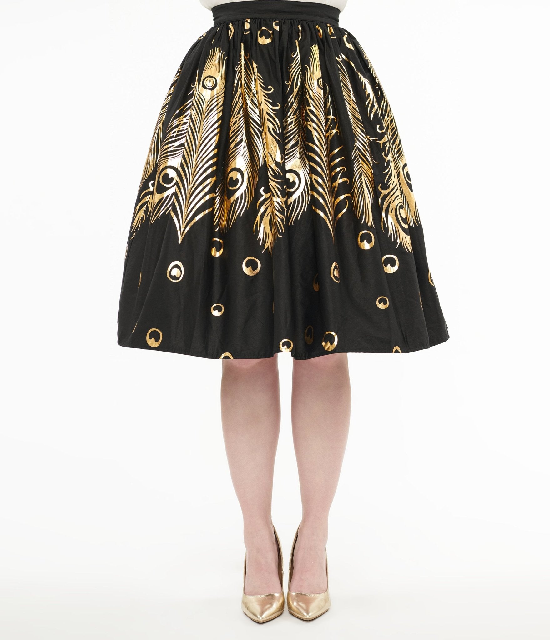 Vintage 1950s Black & Gold Foil Feather Gellar Swing Skirt - Retro Rockabilly Party Dress for Pinup, Swing Dance & Special Occasions