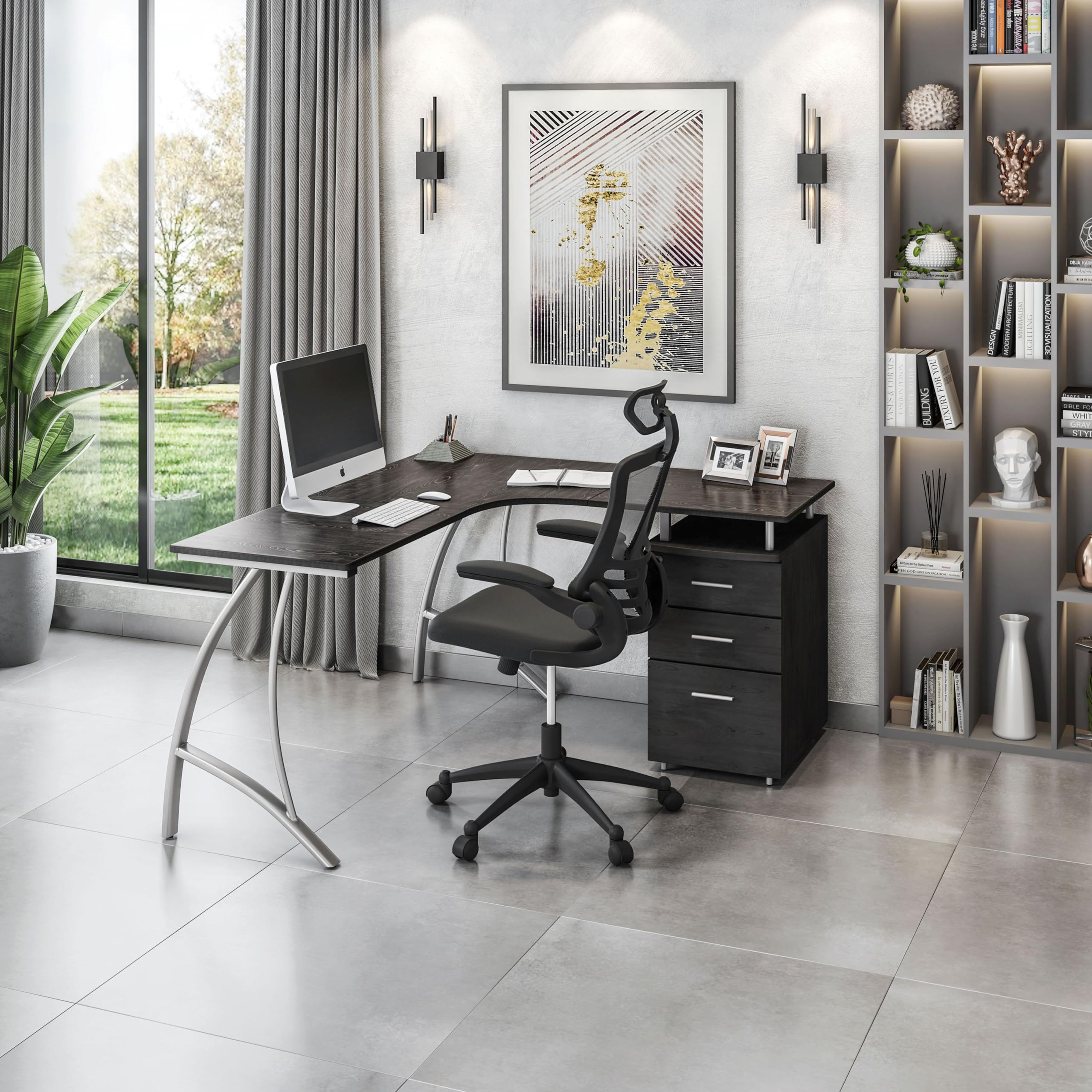 Techni Mobili L-Shaped Computer Desk with File Cabinet & Corner Storage - Adjustable Left/Right Hand Configuration, Espresso Brown - Perfect for Home Office, Study & Workspace Organization