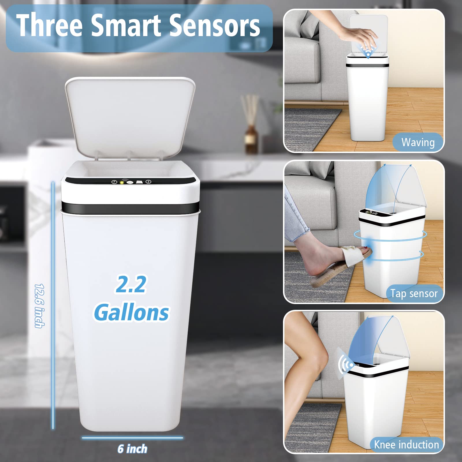 2 Pack Automatic Motion Sensor Trash Can with Lid - 2.6 Gallon Touchless Slim Waterproof Garbage Bin for Bathroom, Bedroom, Office & Living Room | Perfect for Hands-Free Waste Disposal in Small Spaces - White
