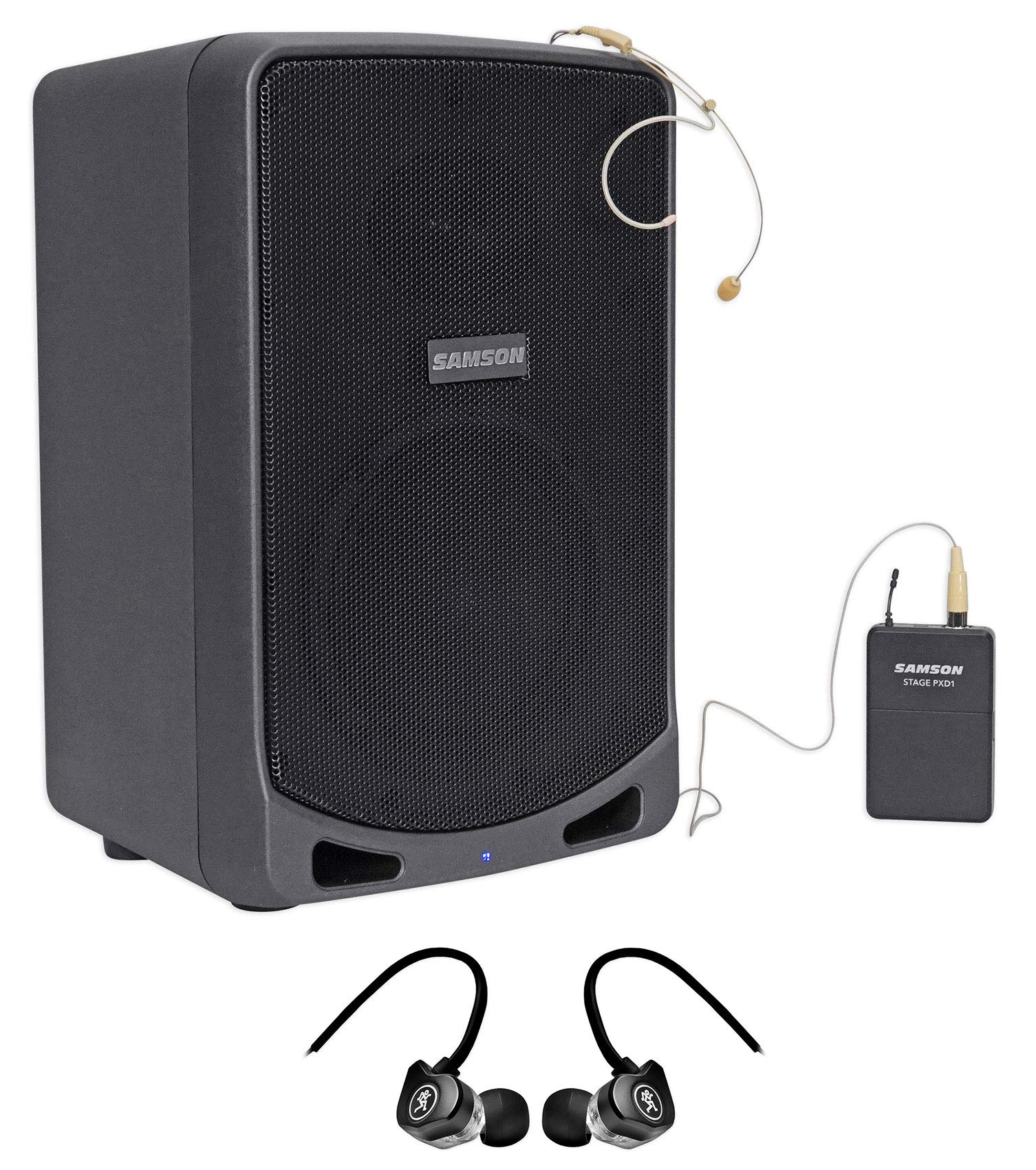 Samson XP106WDE 6-Inch Portable Bluetooth PA Speaker System with Wireless Headset & Mackie Earbuds - Perfect for Outdoor Events, Parties, and Live Performances