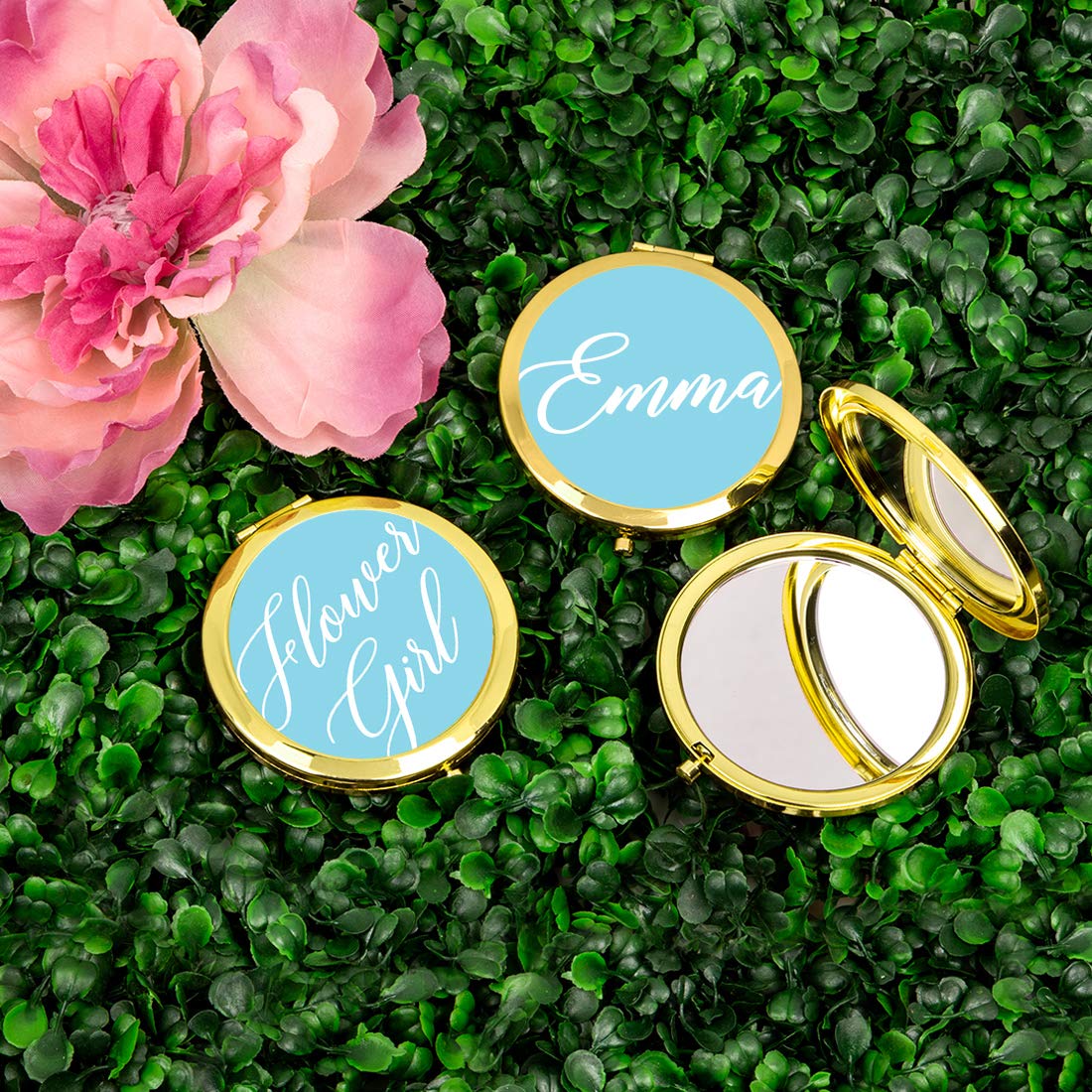 Andaz Press Gold Compact Mirror - Elegant Floral Design Wedding Gift for Bride, Flower Girl & Bridal Party (Light Baby Blue, 1-Pack) - Perfect for Bachelorette Parties, Bridal Showers & Wedding Favors