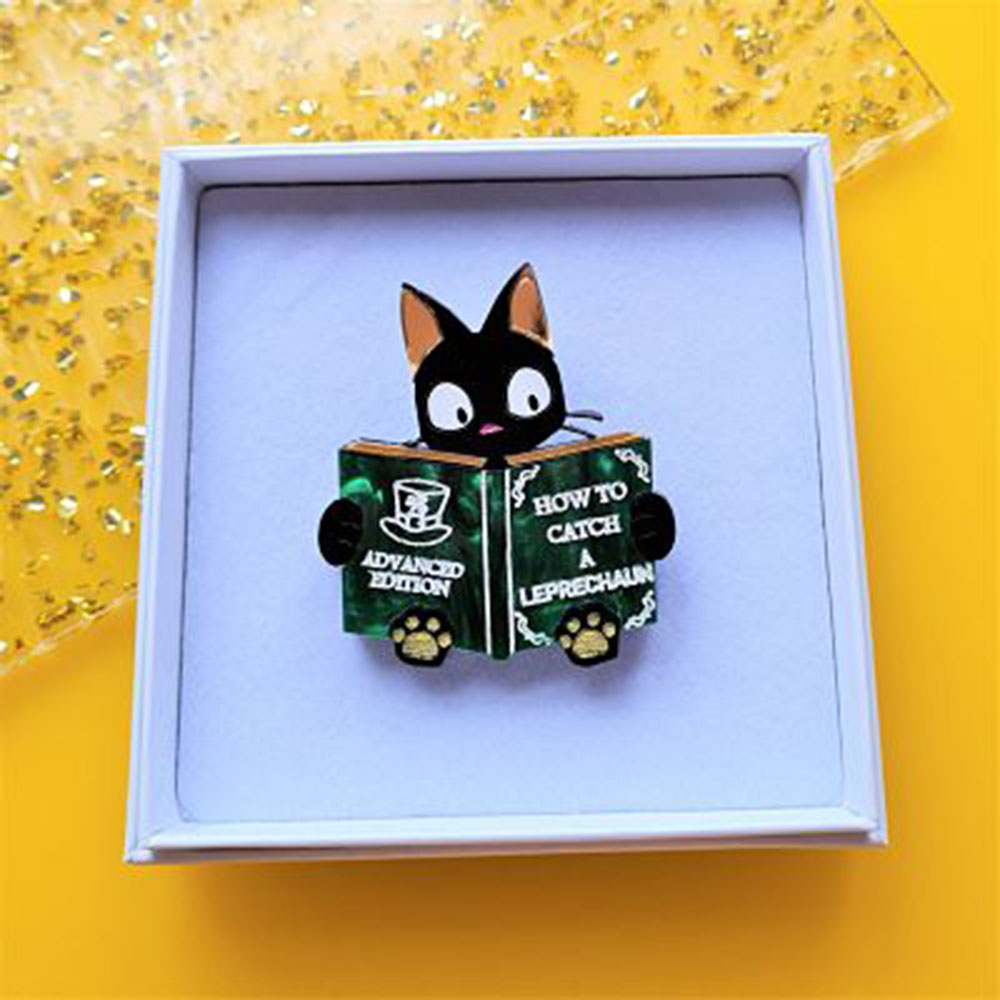 Catch A Leprechaun Book Cat Brooch - Irish-Themed Cat Pin for St. Patrick's Day - Perfect for Book Lovers & Jewelry Collectors by Cherryloco Jewellery