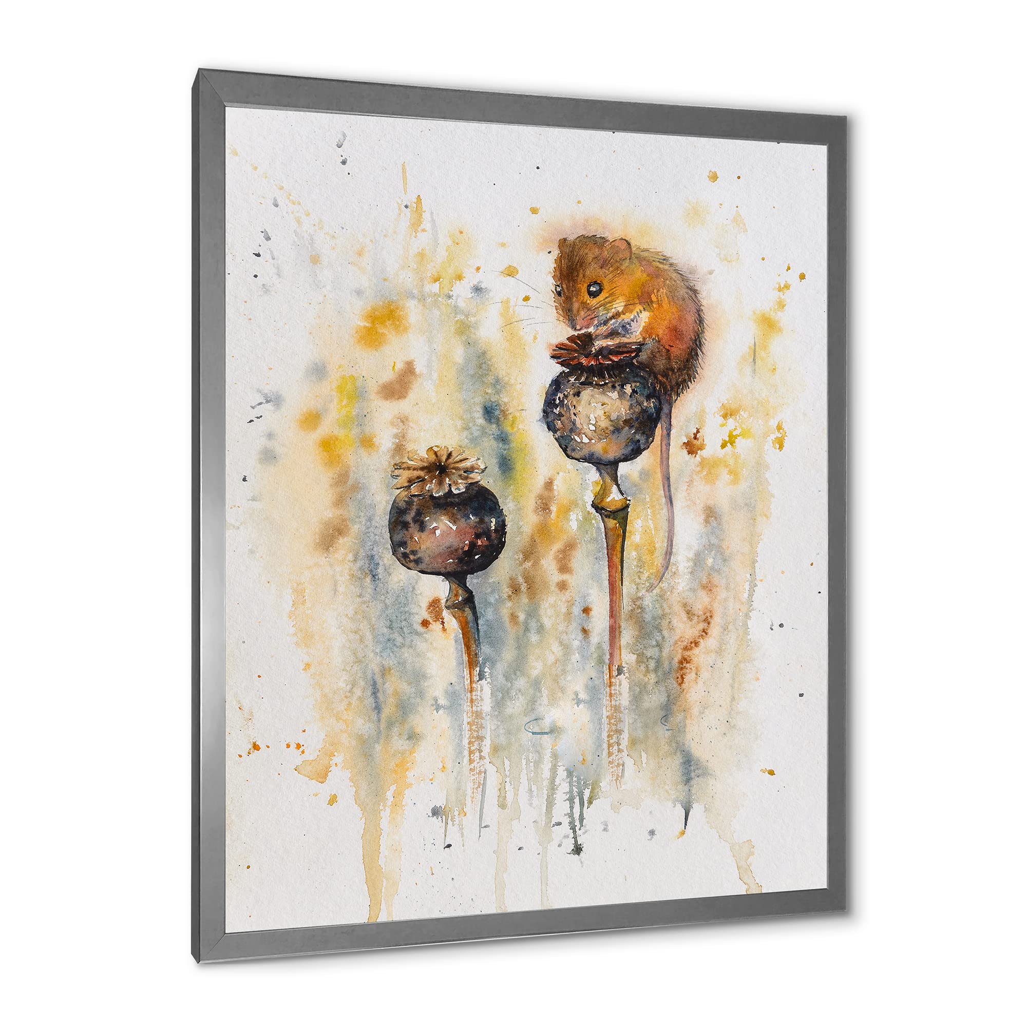 DesignQ Traditional Framed Wall Art - Mouse Sitting on Poppies Painting - Perfect for Living Room, Bedroom & Office Decor