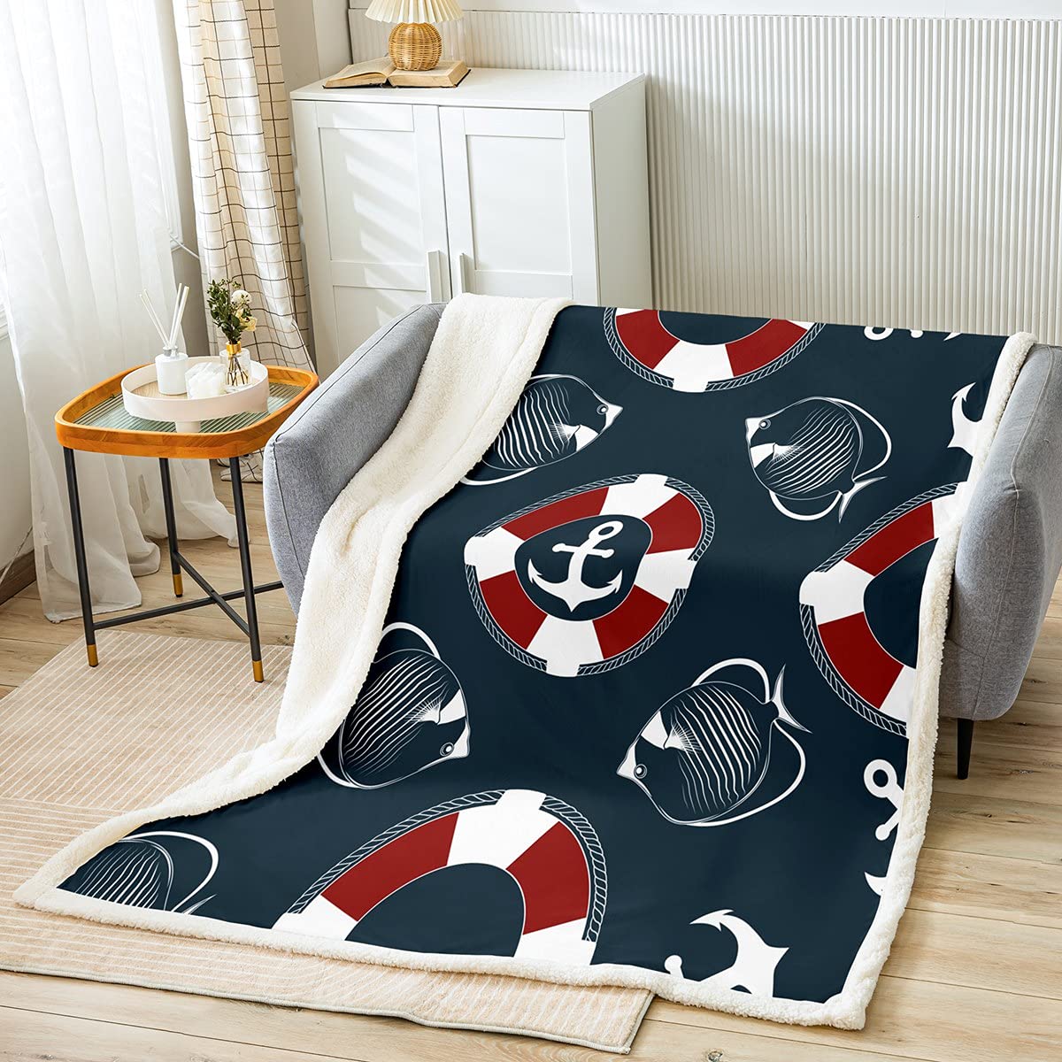 Nautical Anchor & Steering Wheel Fleece Throw Blanket 50x60 Inch - Ocean Theme Navy Blue Plush Blanket for Boys, Girls, Teens | Cozy Sofa Decor, Bedroom Accent, Boat & Beach House Style
