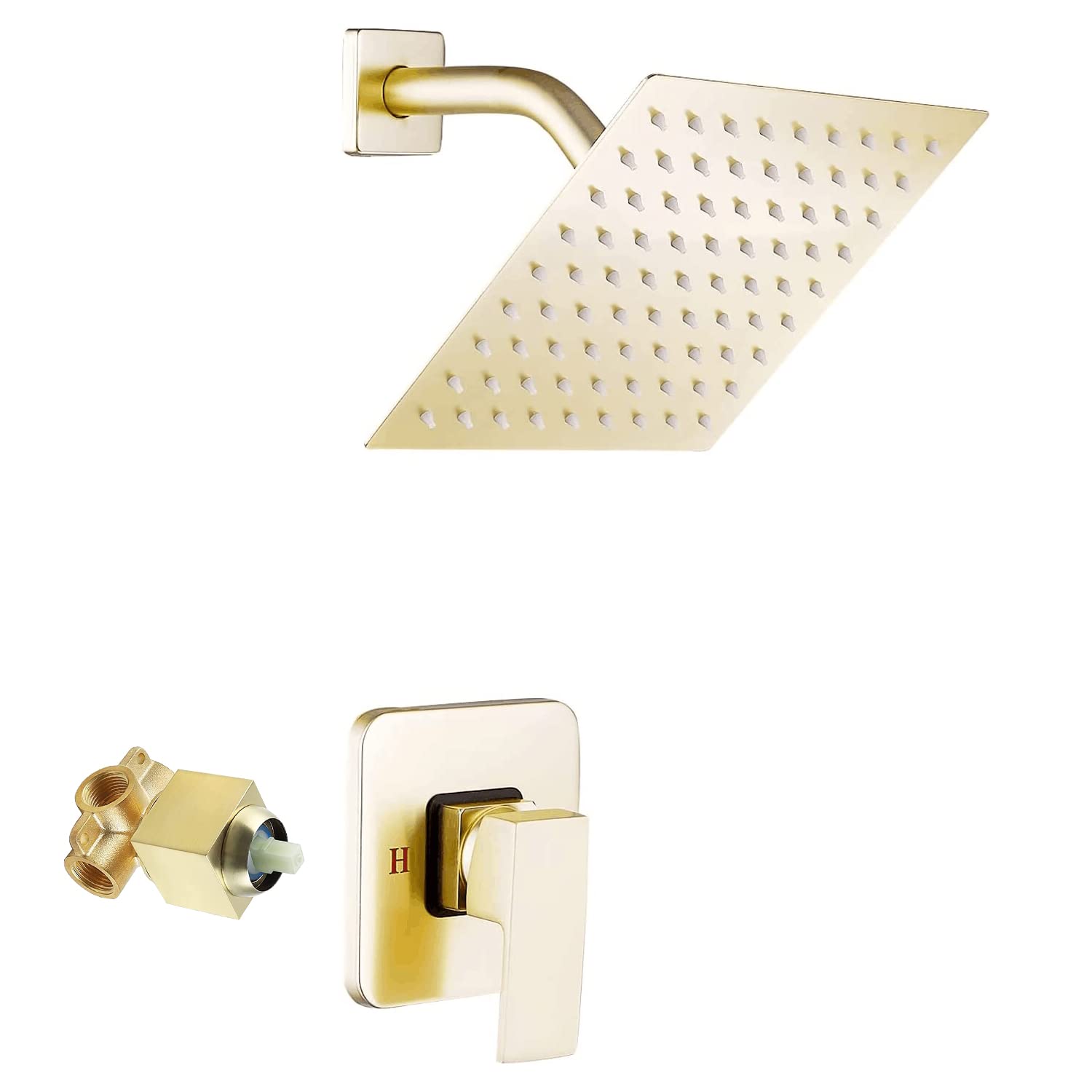 GGStudy Brushed Gold Single Function Shower Trim Kit with Rough-in Valve - 8 Inch Square Stainless Steel Rainfall Shower Head - Modern Bathroom Faucet System for Luxurious Spa-like Experience