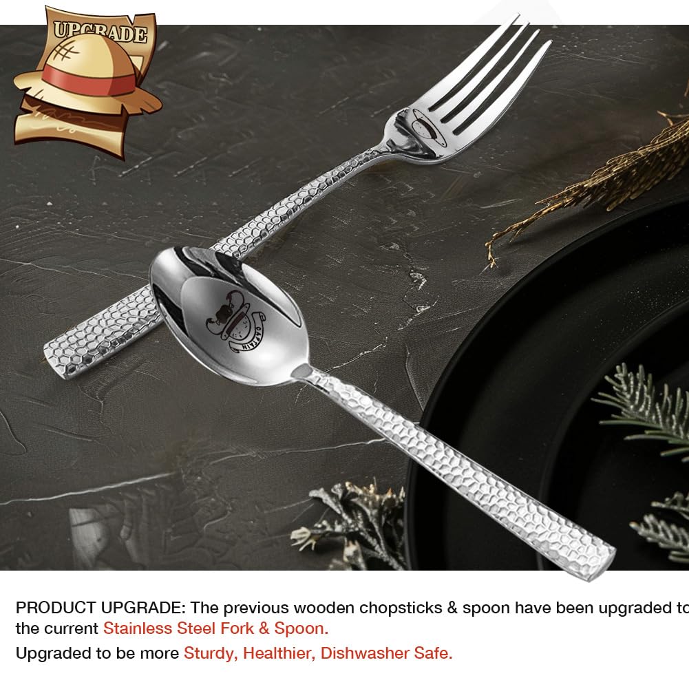 One Piece Luffy Straw Hat Ceramic Ramen Bowl Set with Hammered Stainless Steel Fork & Spoon - Anime Merchandise Gift for One Piece Fans (Captain’s Feast Edition) - Perfect for Anime Themed Parties, Collectors & Ramen Lovers