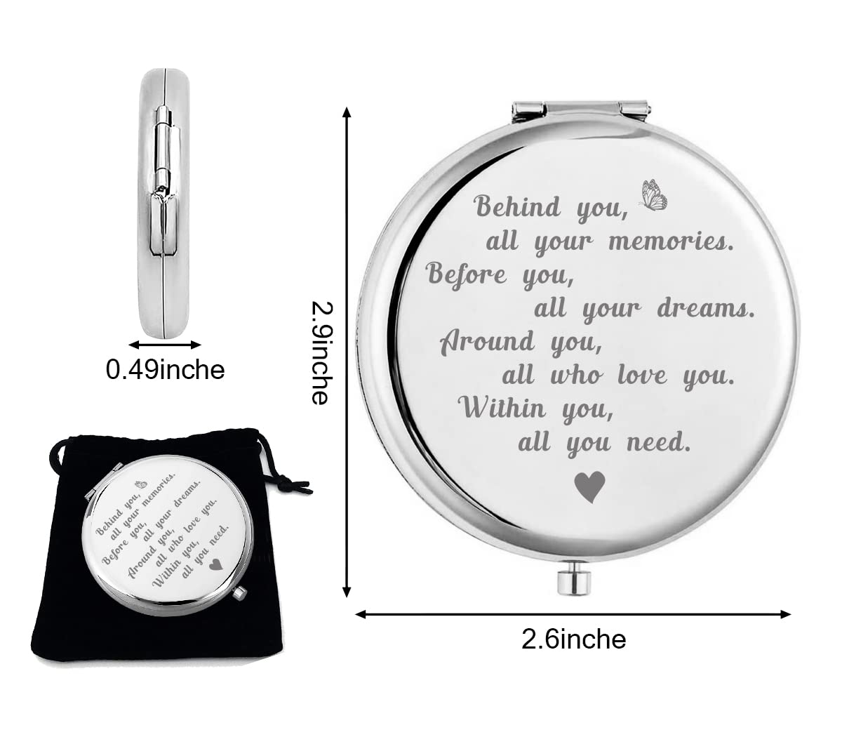 KUKEYIEE Silver Engraved Travel Makeup Mirror - Compact Pocket Cosmetic Mirror with Personalized Message - Perfect Gift for Women, Sisters & Friends - Ideal for Travel, Home Vanity & Special Occasions