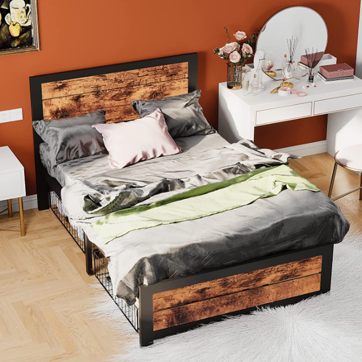 WAYTRIM Twin Platform Bed Frame with Wooden Headboard & Footboard - Industrial Metal Slat Support, No Box Spring Needed, Includes 2 Underbed Rolling Storage Carts - Retro Brown Finish - Perfect for Teens, Kids & Adults Bedrooms, Dorm Rooms or Guest Rooms