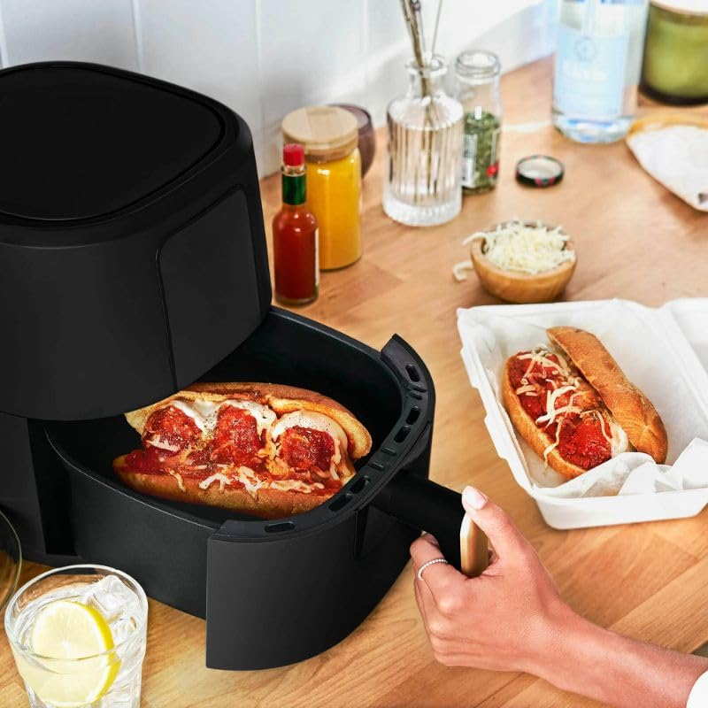 Drew Barrymore Kitchen 3 Qt Air Fryer with TurboCrisp Technology - 4 Preset Functions (Bake, Roast, Reheat) - Black Sesame Color - Perfect for Healthy Cooking, Quick Meals & Family Snacks