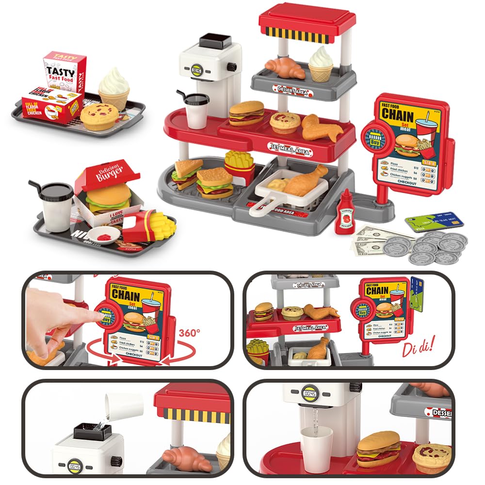 Realistic Fast Food Toy Set with Coffee Maker, Card Reader, Hamburger, Fries & Sandwich - Pretend Play Grocery Store for Kids - Perfect for Role Play, Birthday Gifts & Early Learning