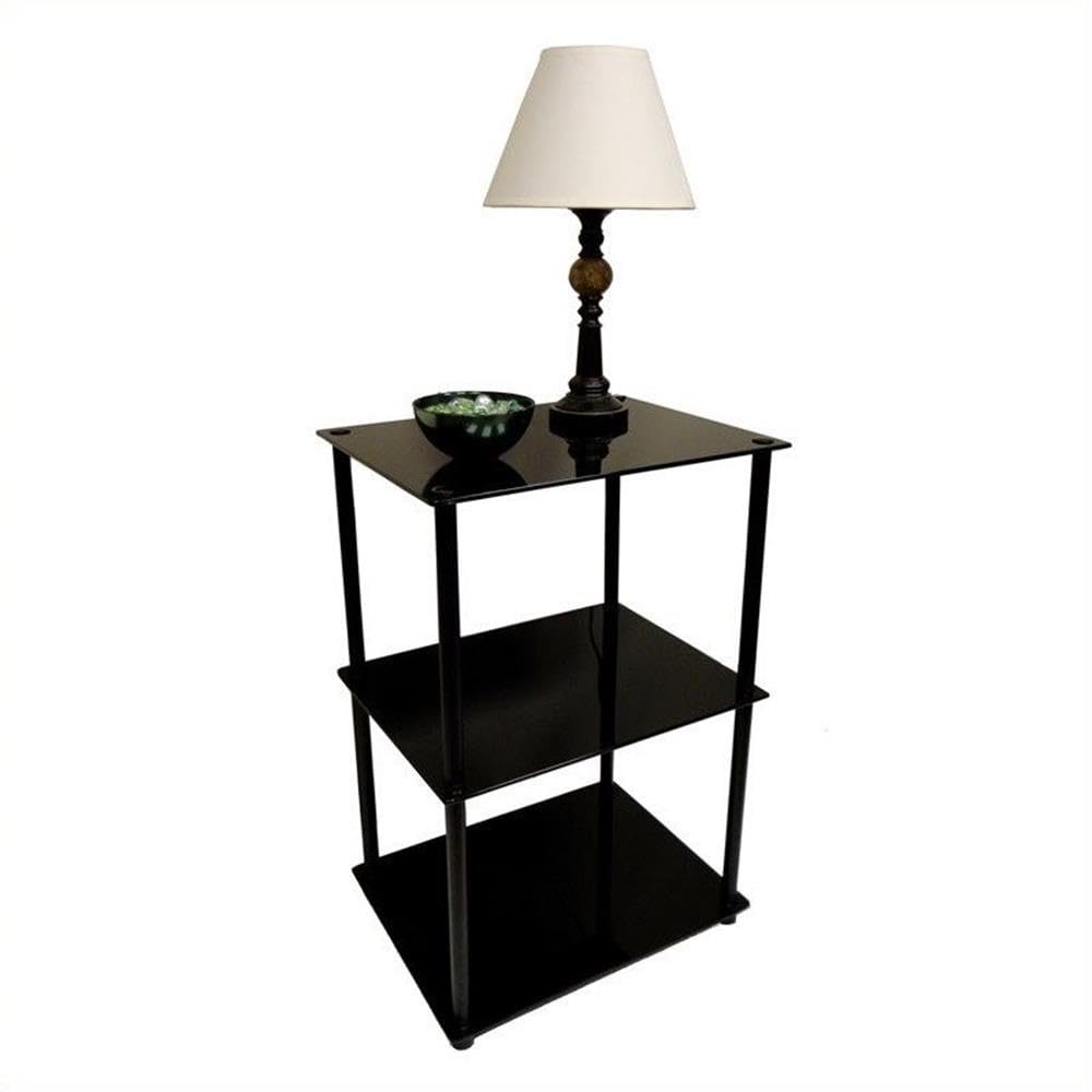 Home Square Classic Black Glass 3-Tier Lamp Table - Set of 2 Nightstands for Bedroom, Living Room & Office Decor