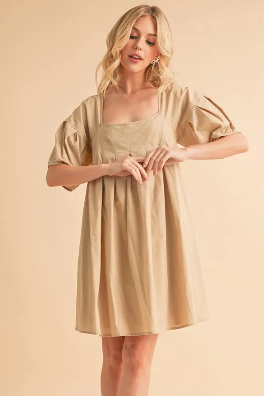 Beige Babydoll Dress with Pockets - Flowy Short Sleeve Loose Fit Mini Dress for Women | Perfect for Summer, Beach, Date Night & Casual Outings