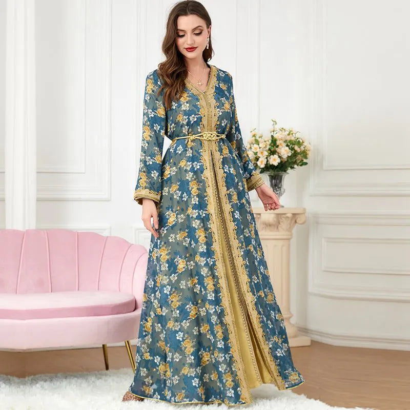 Elegant 2-Piece Eid Dress Set - Floral Printed Kaftan with Satin Lining | Muslim Women's Holiday Outfit for Special Occasions & Celebrations