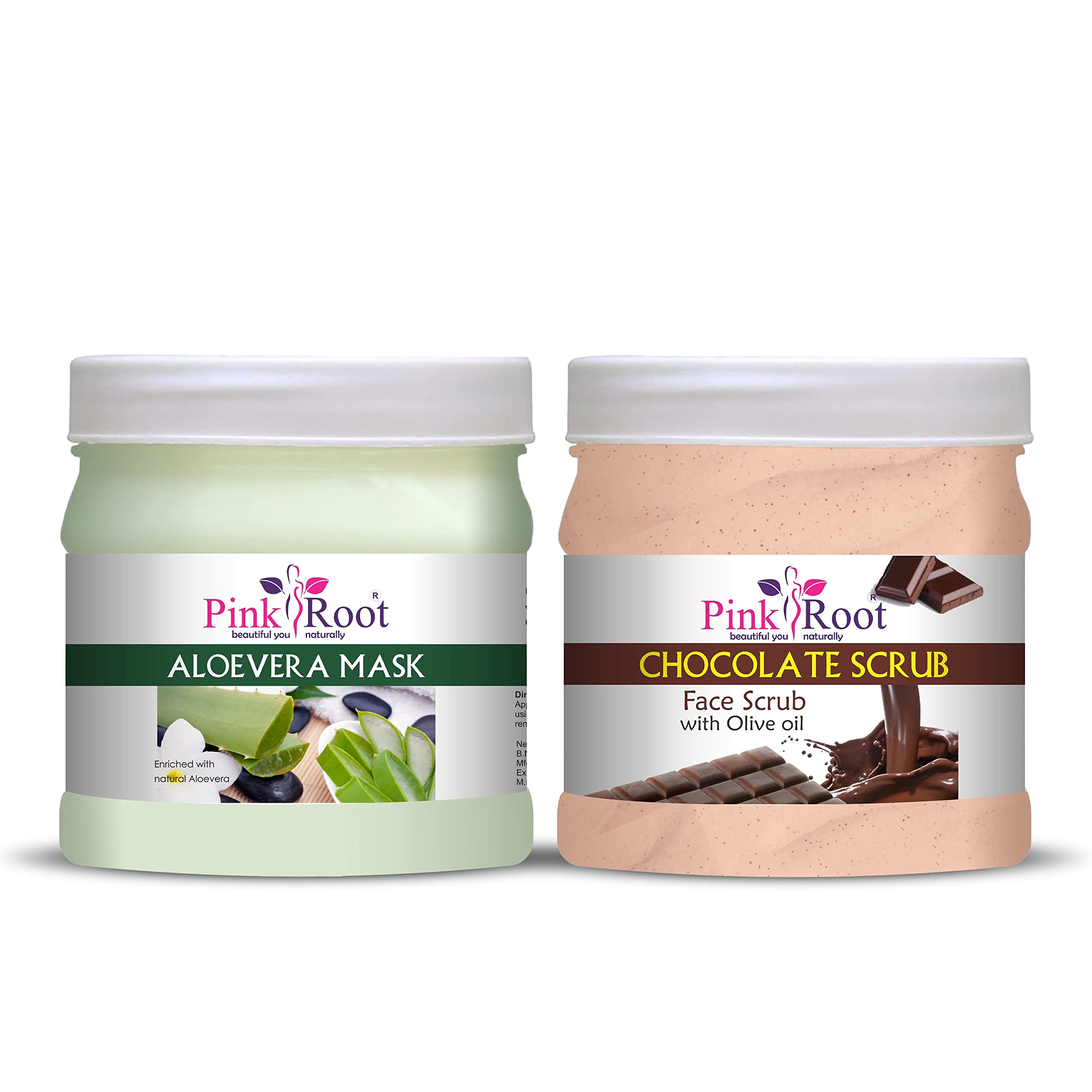 Organic Pink Root Aloe Vera Face Mask & Chocolate Body Scrub Set - 500g Each for Hydrating & Exfoliating - Spa Day at Home, Gift for Her, Skincare Routine