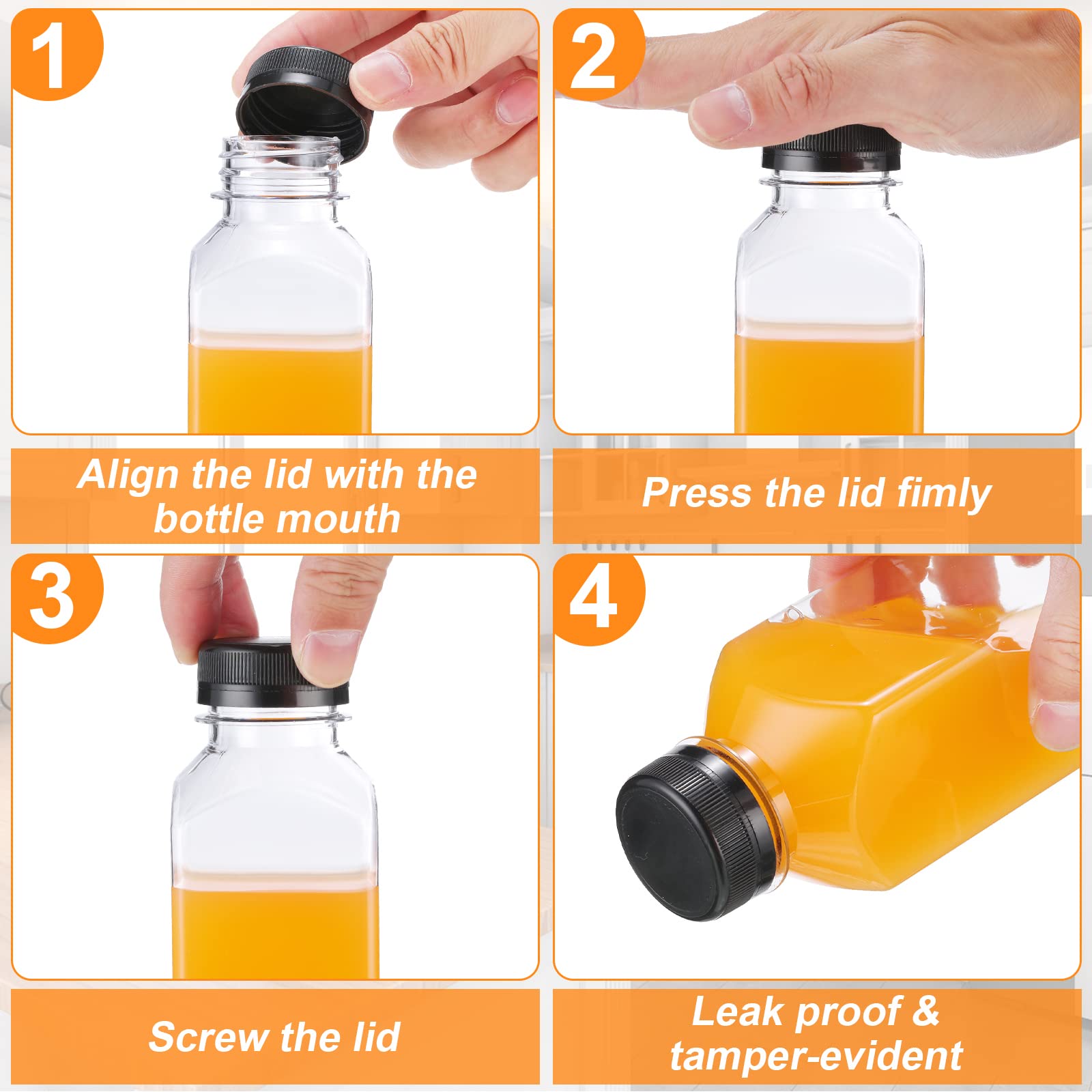 200 Pcs 12oz Black Square Plastic Juice Bottles with Caps - Clear Empty Reusable Drinking Water Bottles Bulk - PET Refillable Beverage Containers for Juicing, Smoothies, Cocktails & Party Drinks
