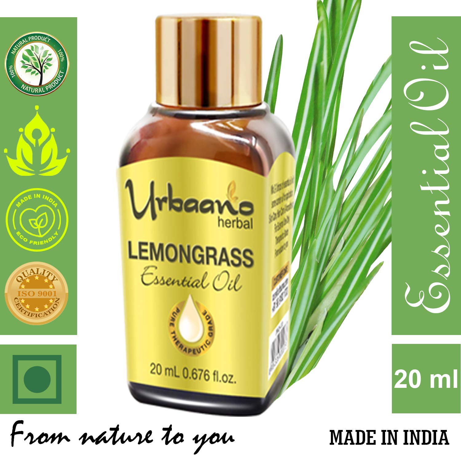 UBRAANO 100% Pure Lemongrass Essential Oil - Undiluted, Therapeutic Grade for Face, Skin & Hair Care - Aromatherapy, Massage & Relaxation - 20ml in Elegant Gift Pack