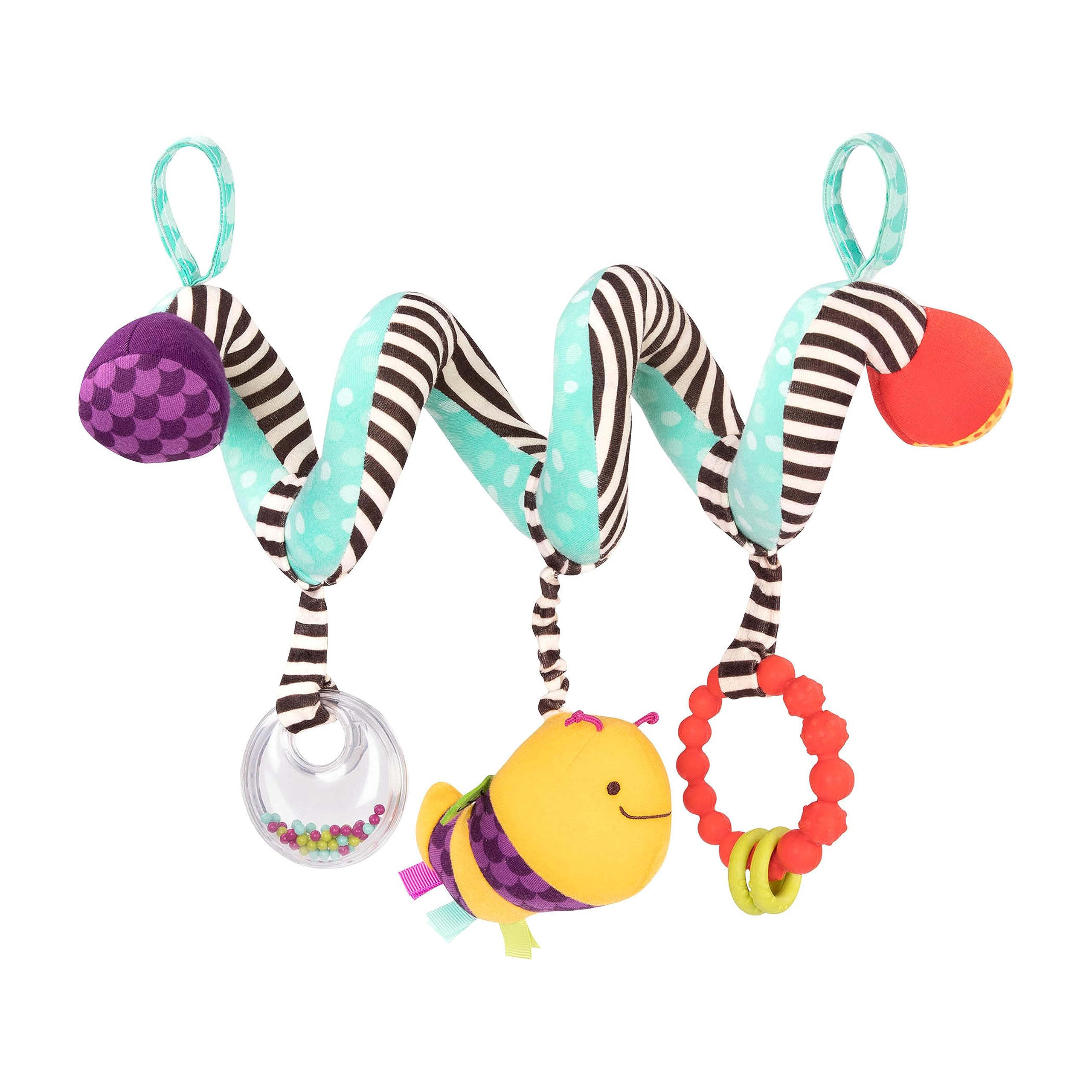 B. Toys B. Baby Wiggle Wrap - Spiral Infant Toy with 3 Hanging Attachments (Rattle, Plush Bee & Teether) - Safe for 0+ Months - Perfect for Car Seat, Stroller & Crib - Stimulating Developmental Baby Toy for Sensory Play & Travel Entertainment