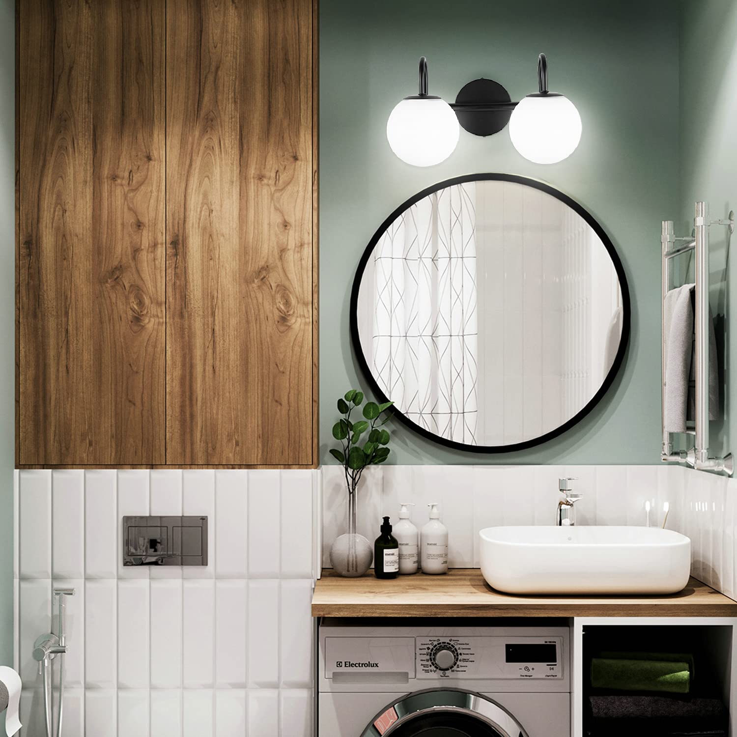Mid Century Modern Vanity Lights for Bathroom - Black Metal Frame with Milk White Frosted Glass Globe - 2 Light Wall Sconce (7.09