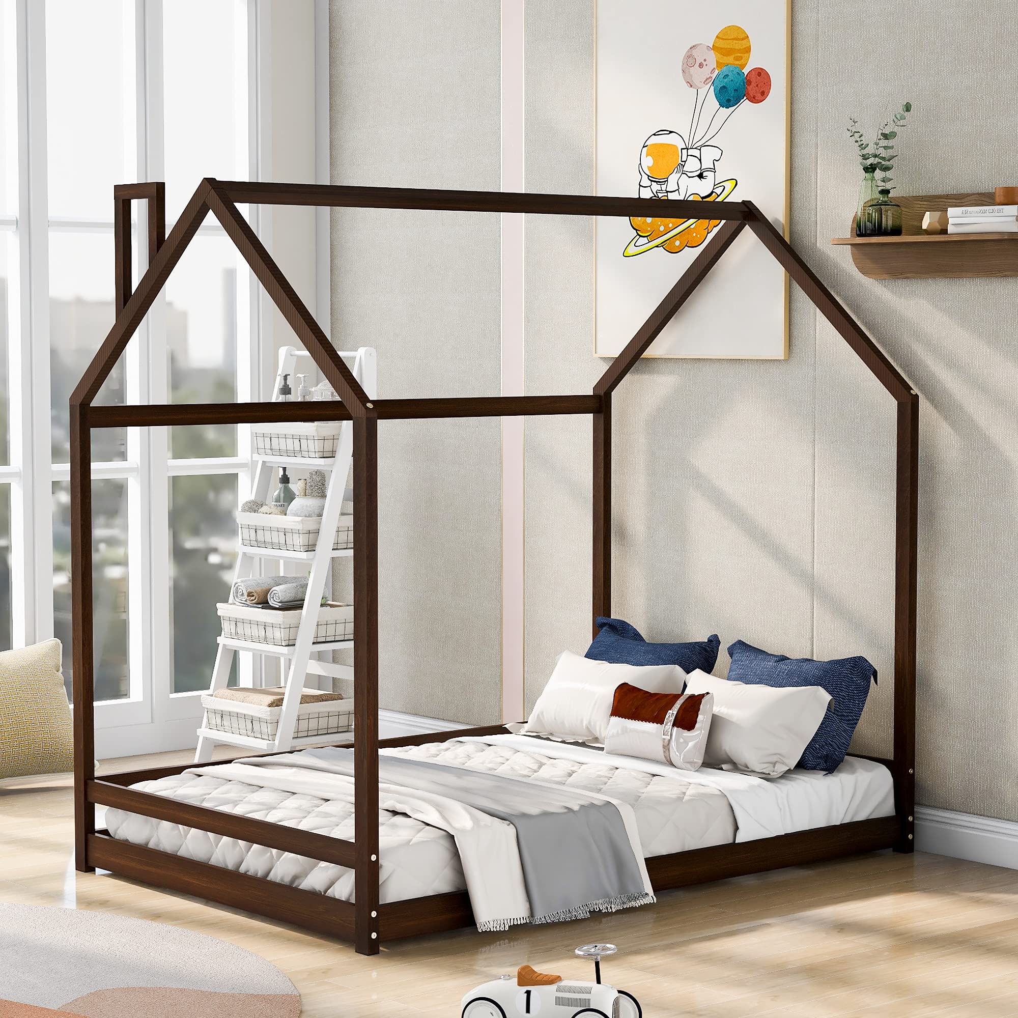 LZ LEISURE ZONE Full Size Wooden House Bed Frame for Kids & Toddlers - Espresso Finish - Perfect for Bedrooms, Playrooms & Sleepovers